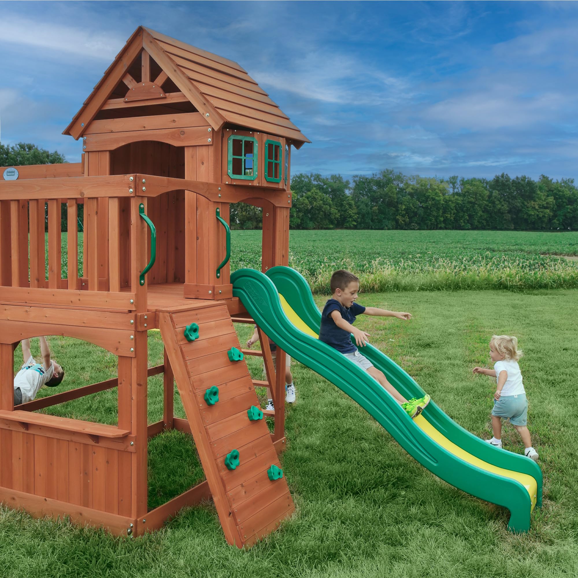 Cedar Wood Swing Set Outdoor Playset Clubhouse Wave Slide Rock Wall Trapeze