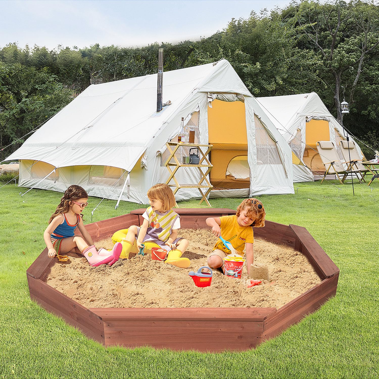 Octagonal Wooden Sandbox with Cover and Bench Seats