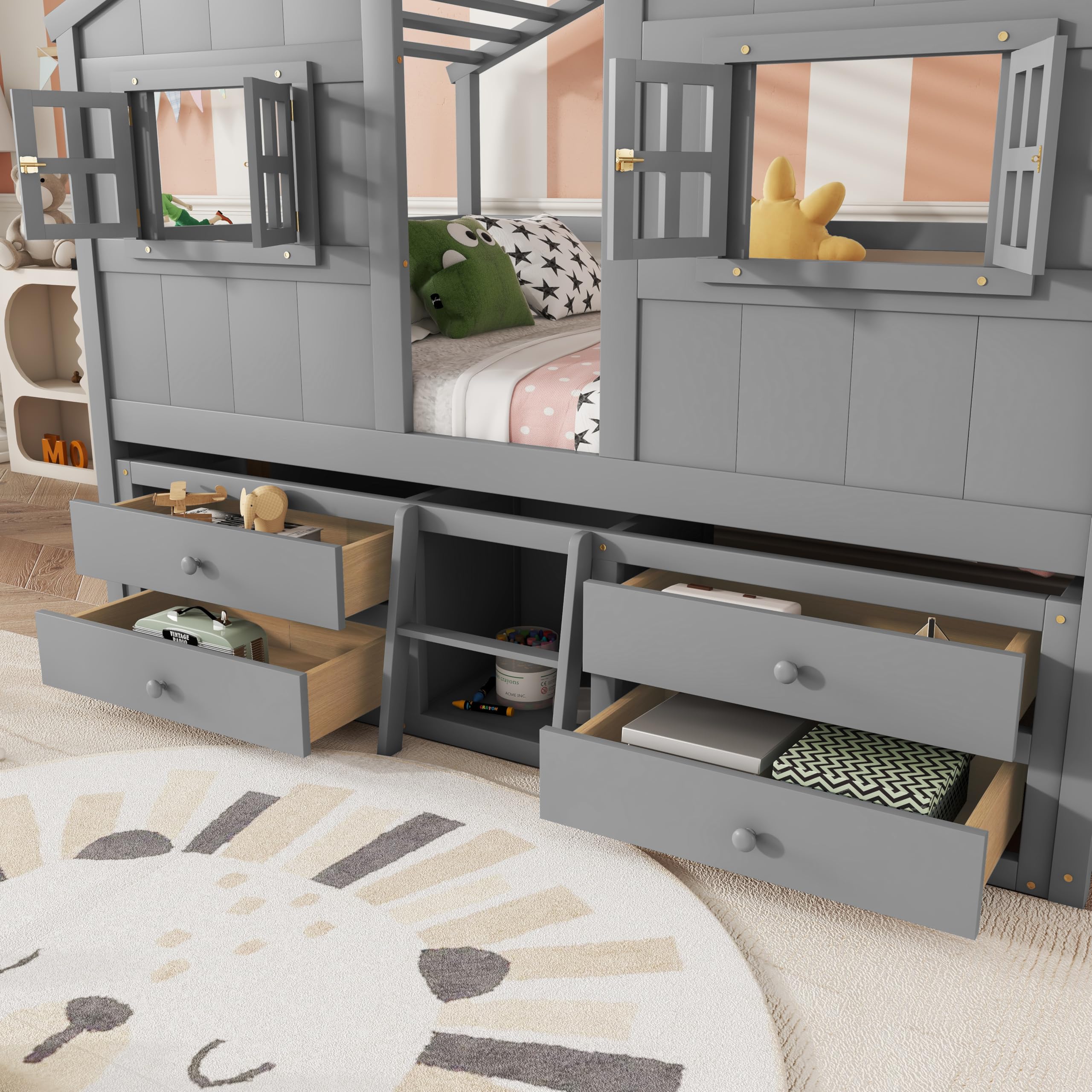 Full Size House-Shaped Loft Bed with Storage Drawers and Roof