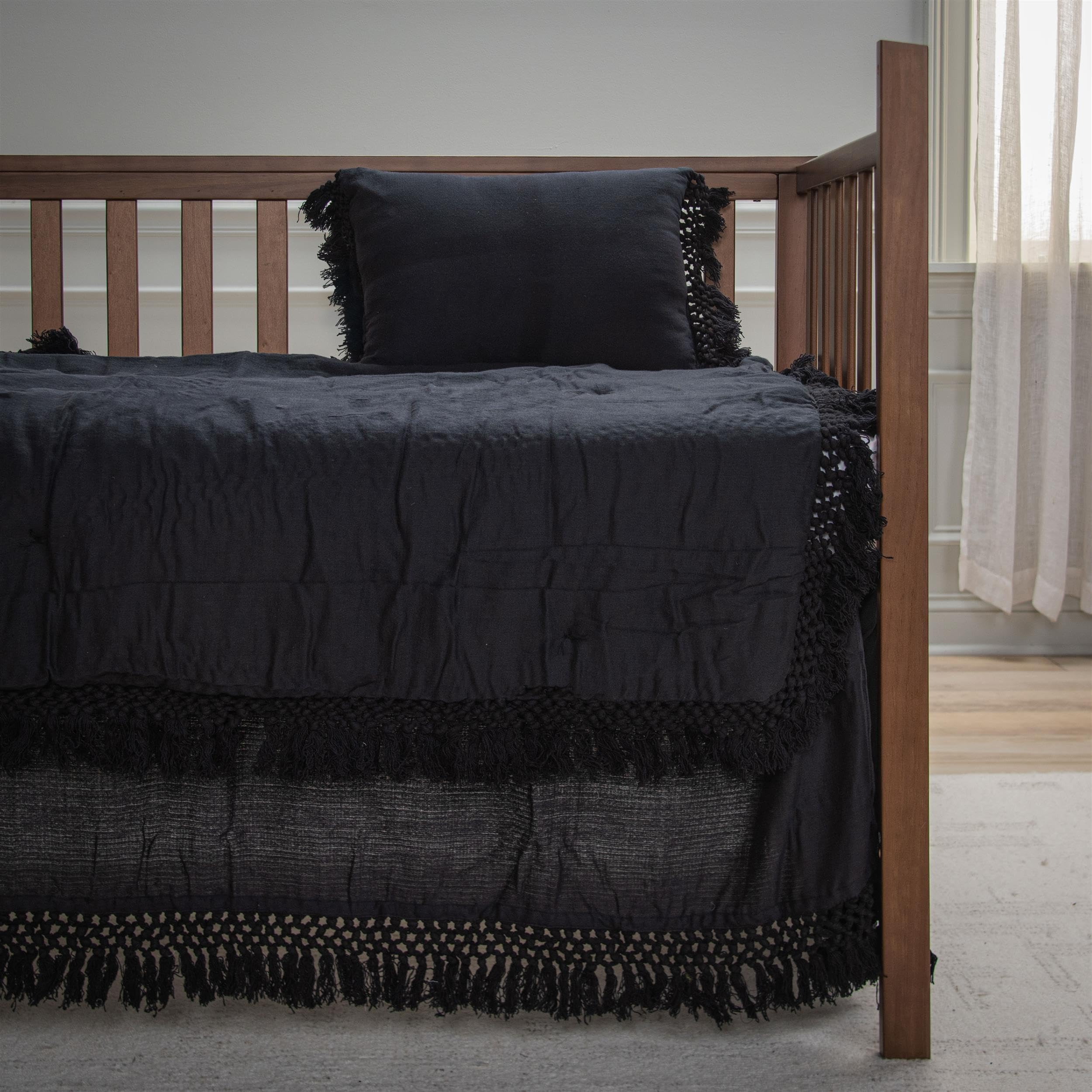 Black Cotton Crib Bed Skirt with Fringe