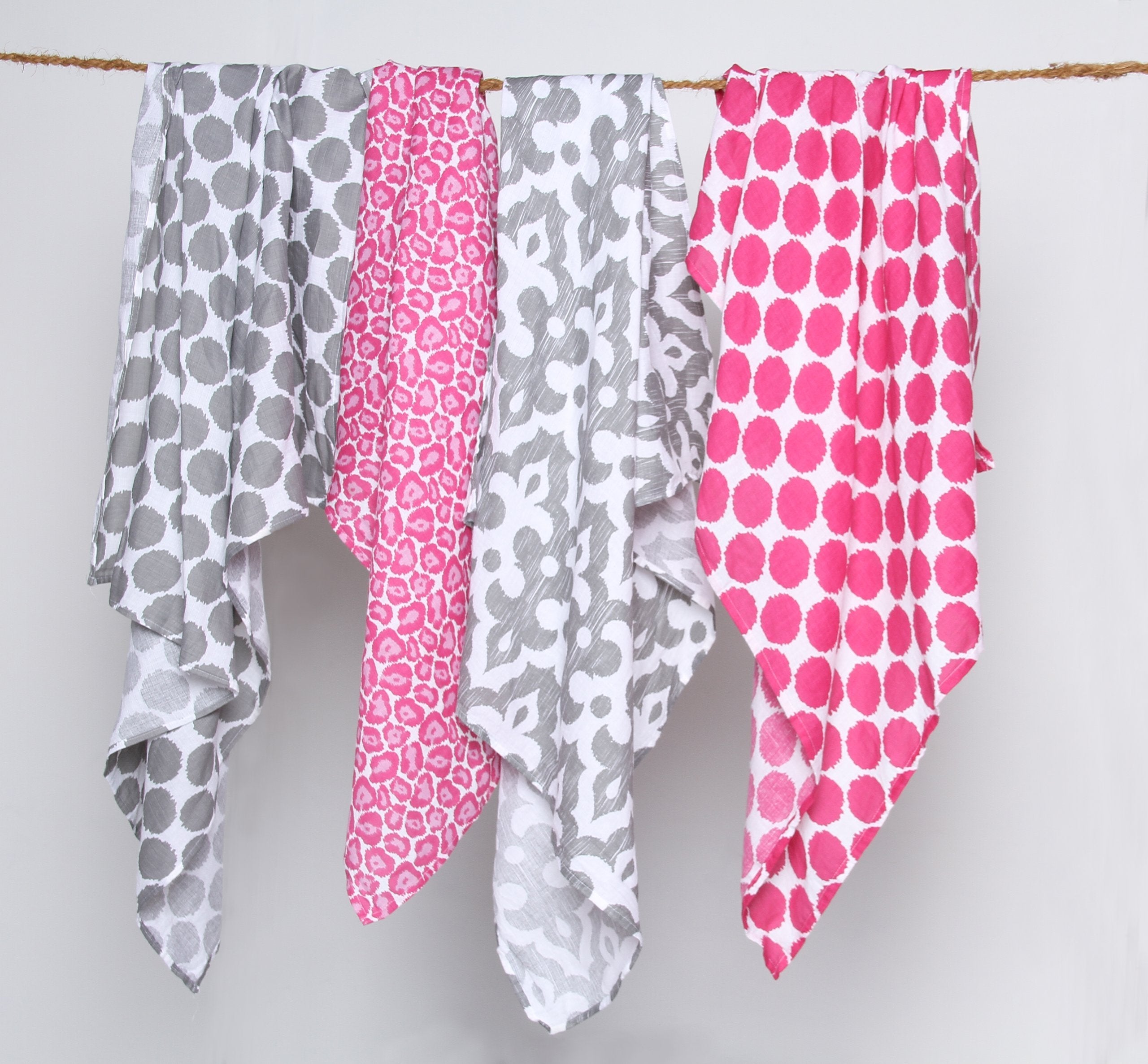 Bacati Ikat Pink/Grey 6 Pc Crib Set with 4 Muslin Swaddling Blankets, Crib Skirt & Solid Crib Fitted Sheet