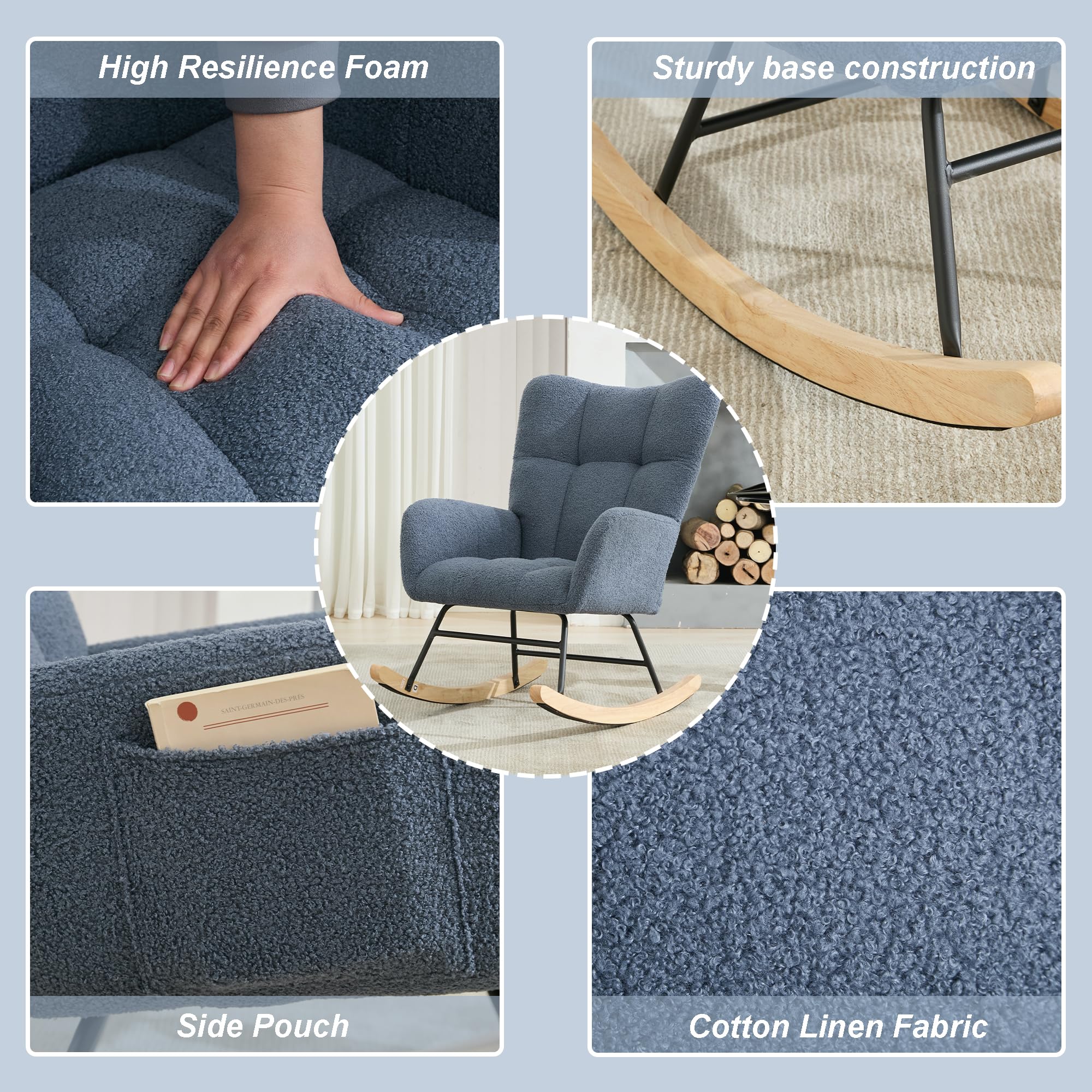 Teddy Upholstered Rocking Chair with High Backrest