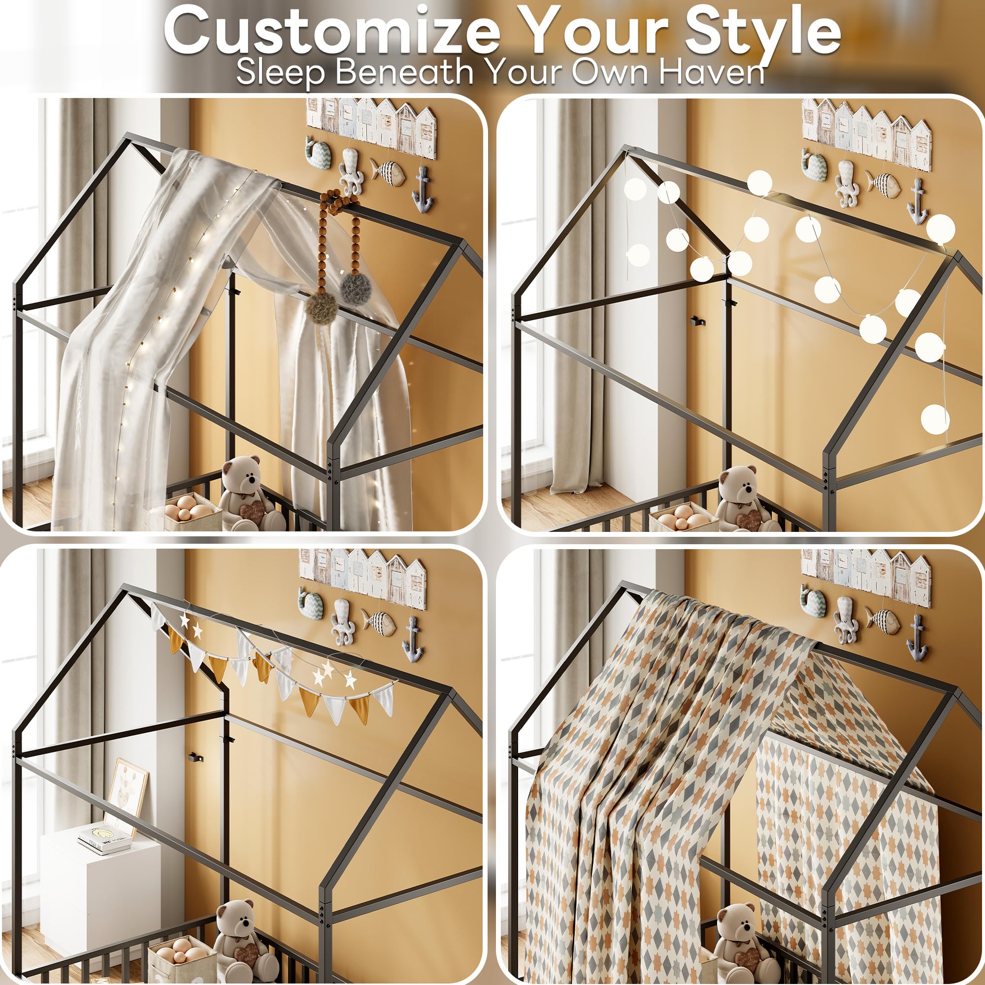 Twin Floor Bed Frame with Roof & Fence Guardrails