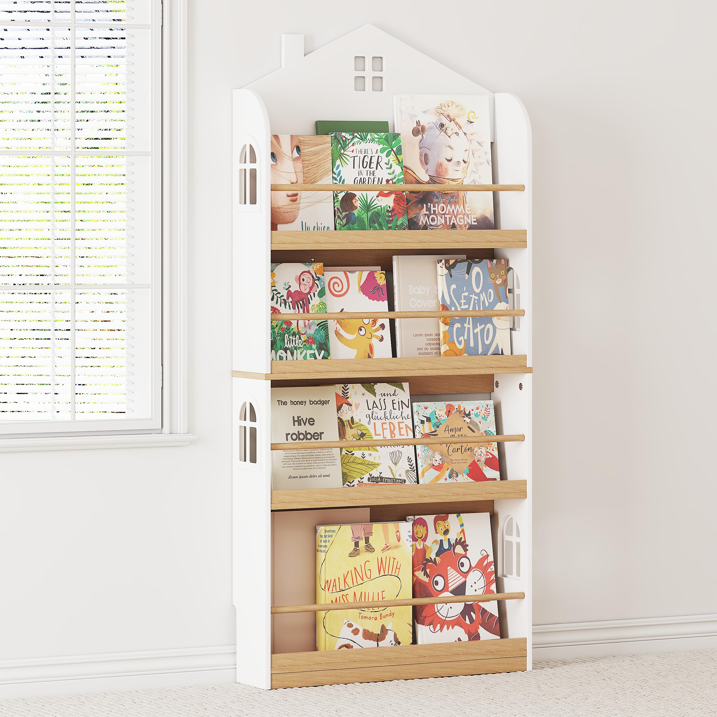 Bookshelf Wall Mounted, 4-Tier Book Shelf Organizer, Tall Wooden Children