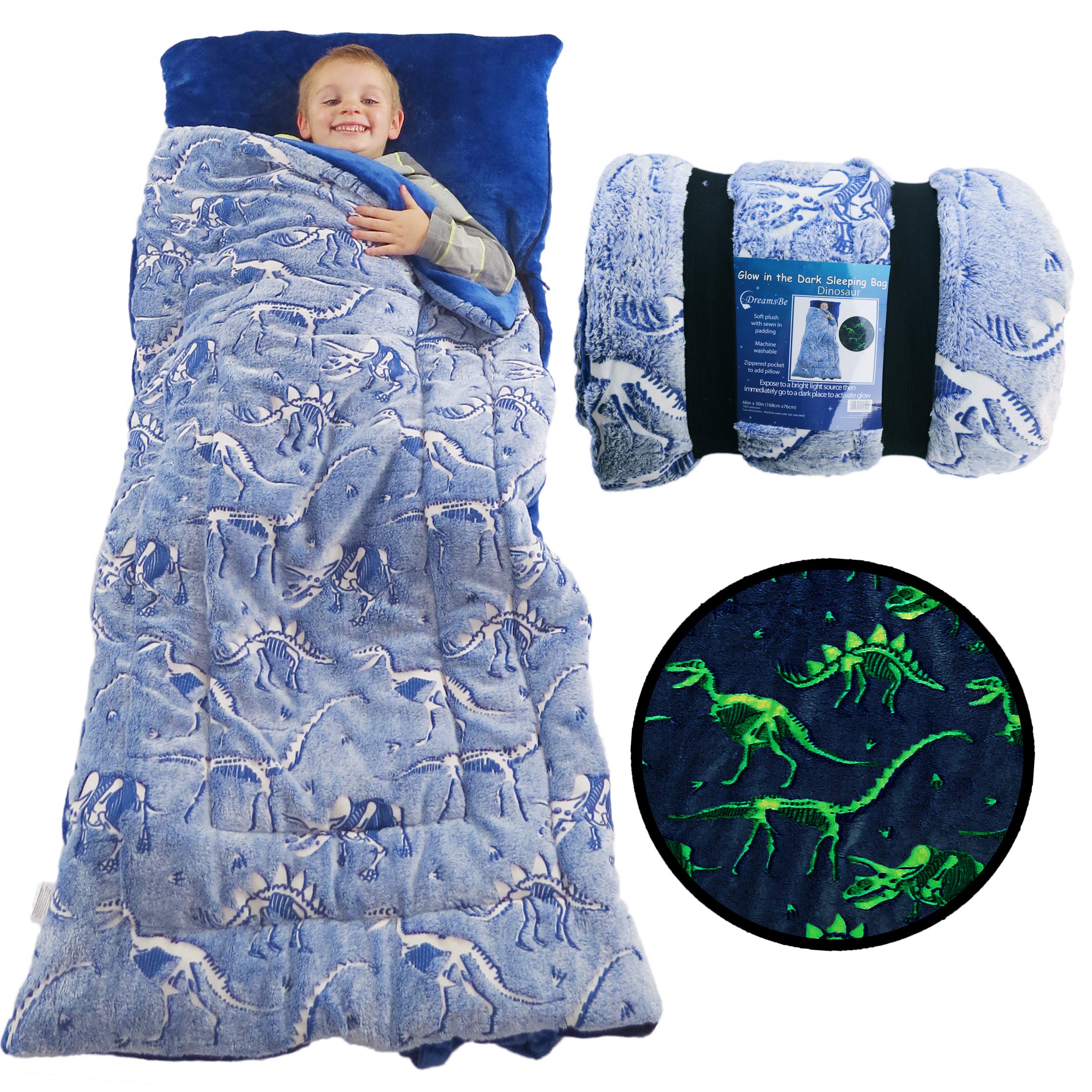 Kids Sleeping Bag with Pillow Pocket - Dinosaur Glow In