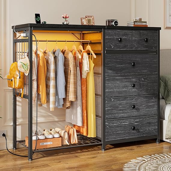 W White Dresser for Bedroom with Hanging Rack, 6 Drawers