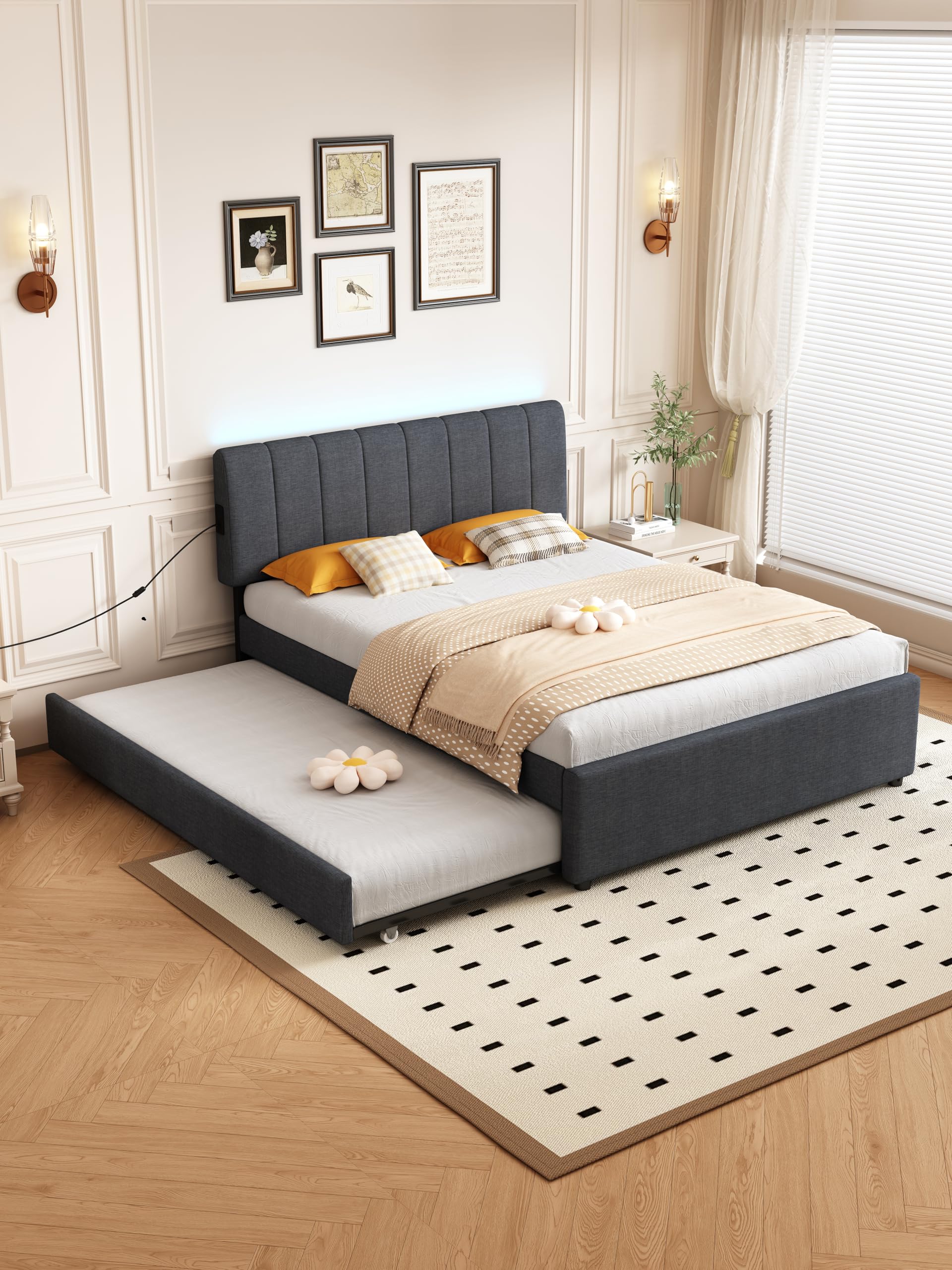 FAVSH Full Size Upholstered Platform Bed with Trundle and 1 Sets of USB, Linen Fabric Solid Wood Bedframe w/Wood Slats & LED Lights with APP for Bedroom,Dark Grey