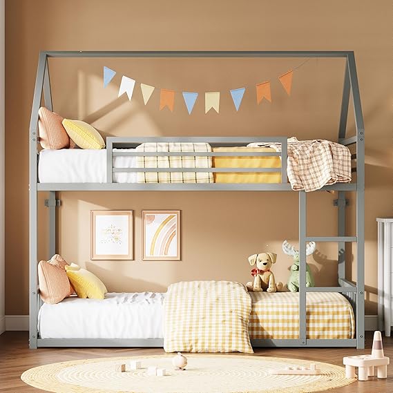 Bunk Bed Twin Over Twin, House Bunk Bed Frame with Ladder and Guardrail