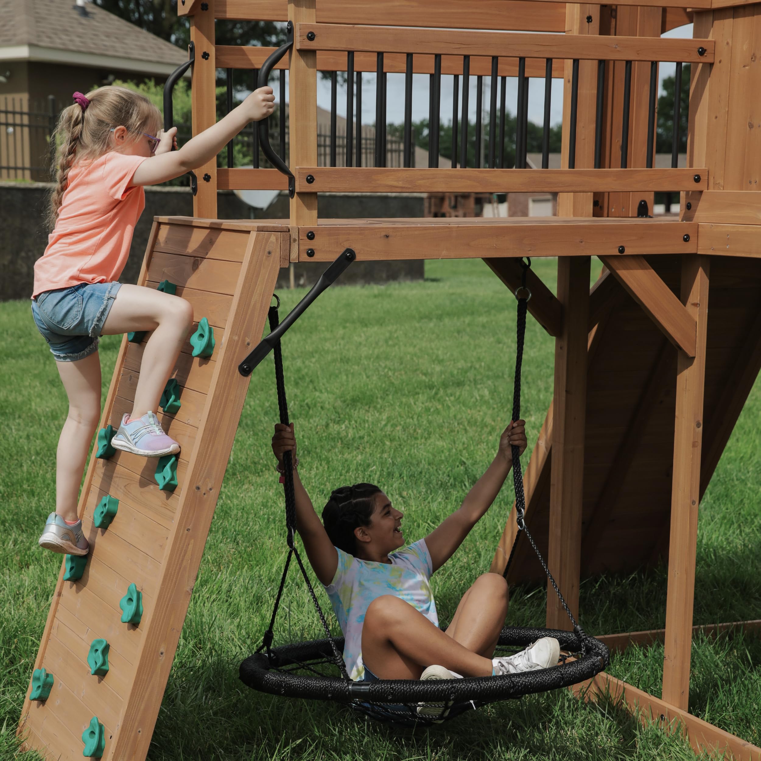 Cedar Wood Swing Set with Wave Slide and Clubhouse