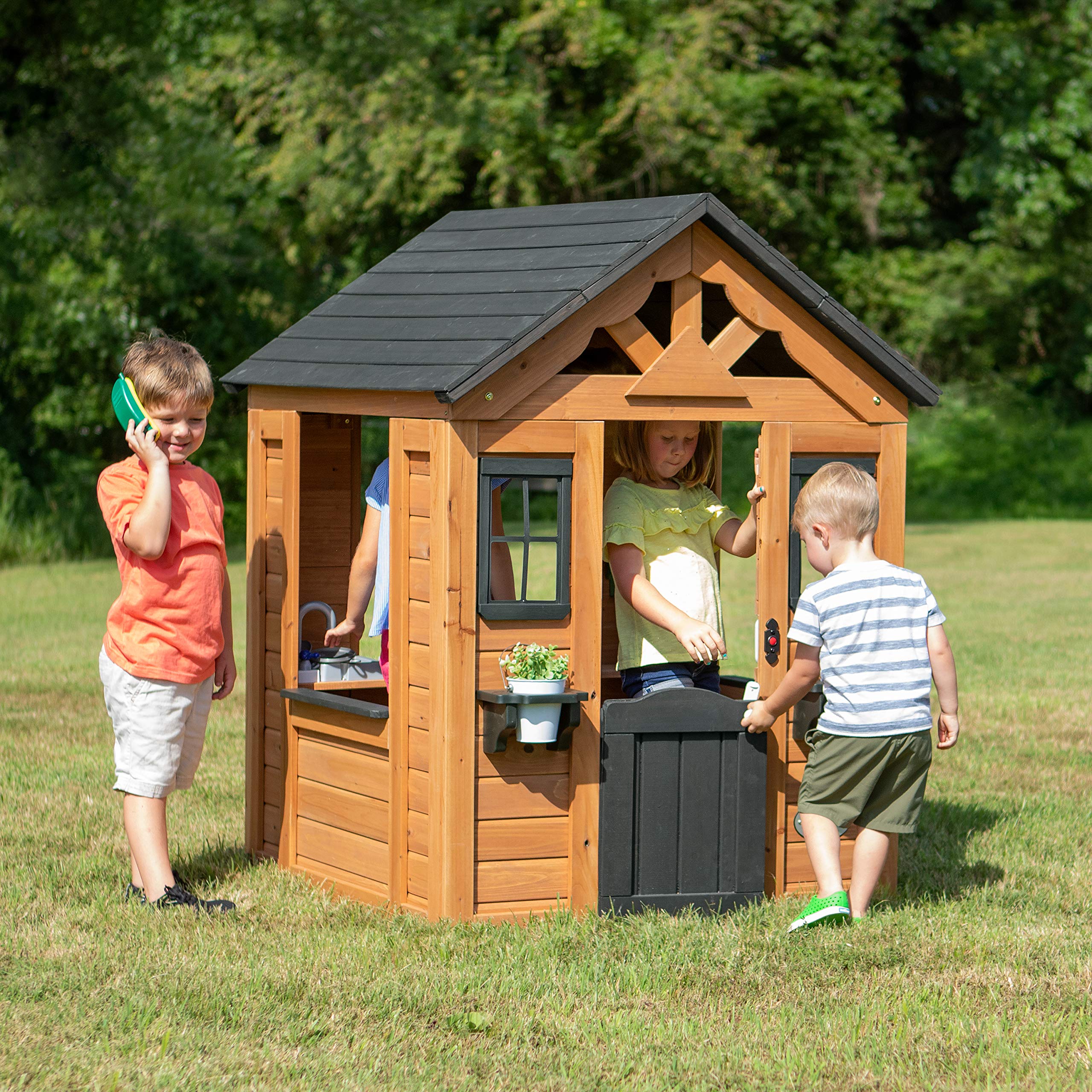 Cedar Wooden Kids Playhouse Cottage with Play Kitchen and Snack Bar