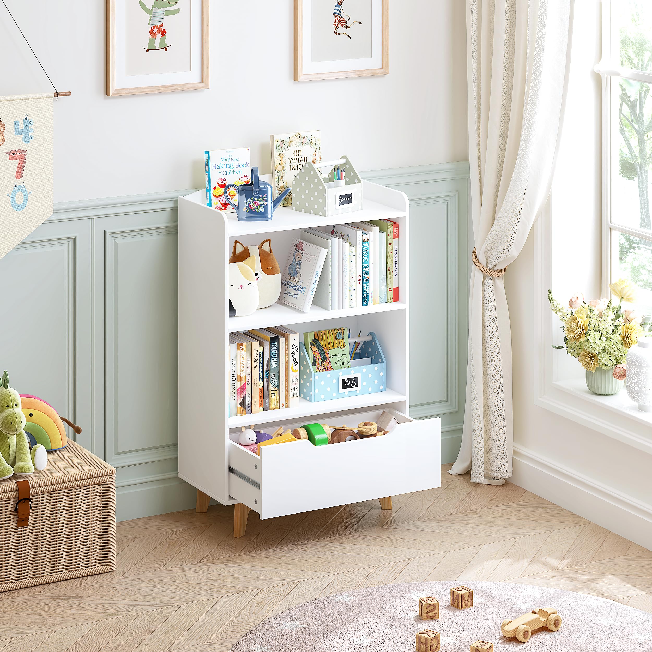 Kids Bookshelf with Storage Drawer White Wood