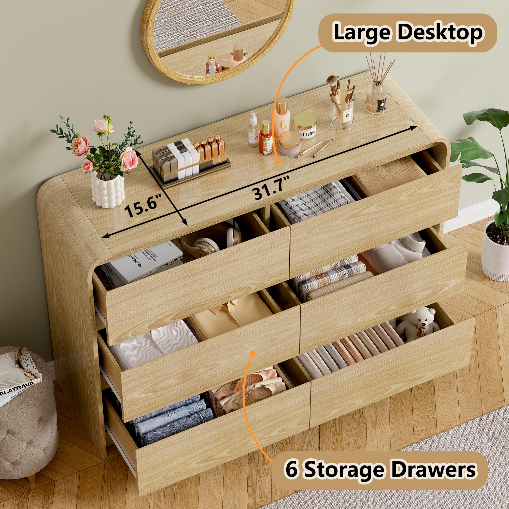 6 Drawer Curved Dresser for Bedroom Storage