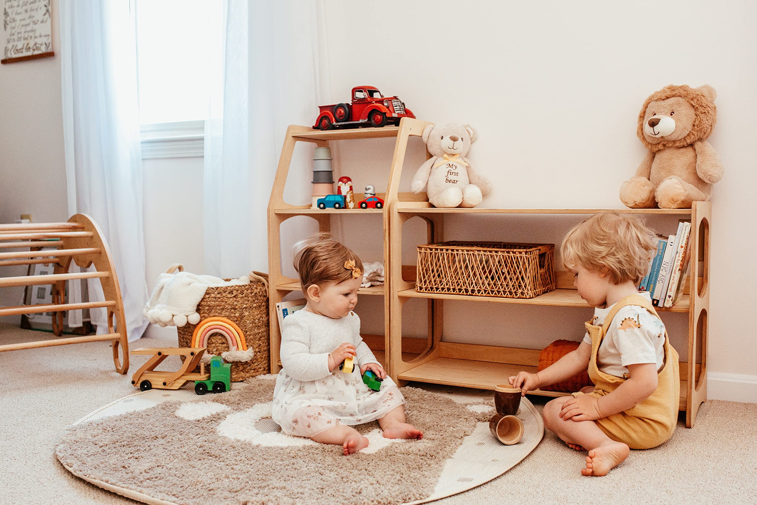 Montessori Bookshelf for Toddlers - Wooden Book and Toy Shelf Organizer