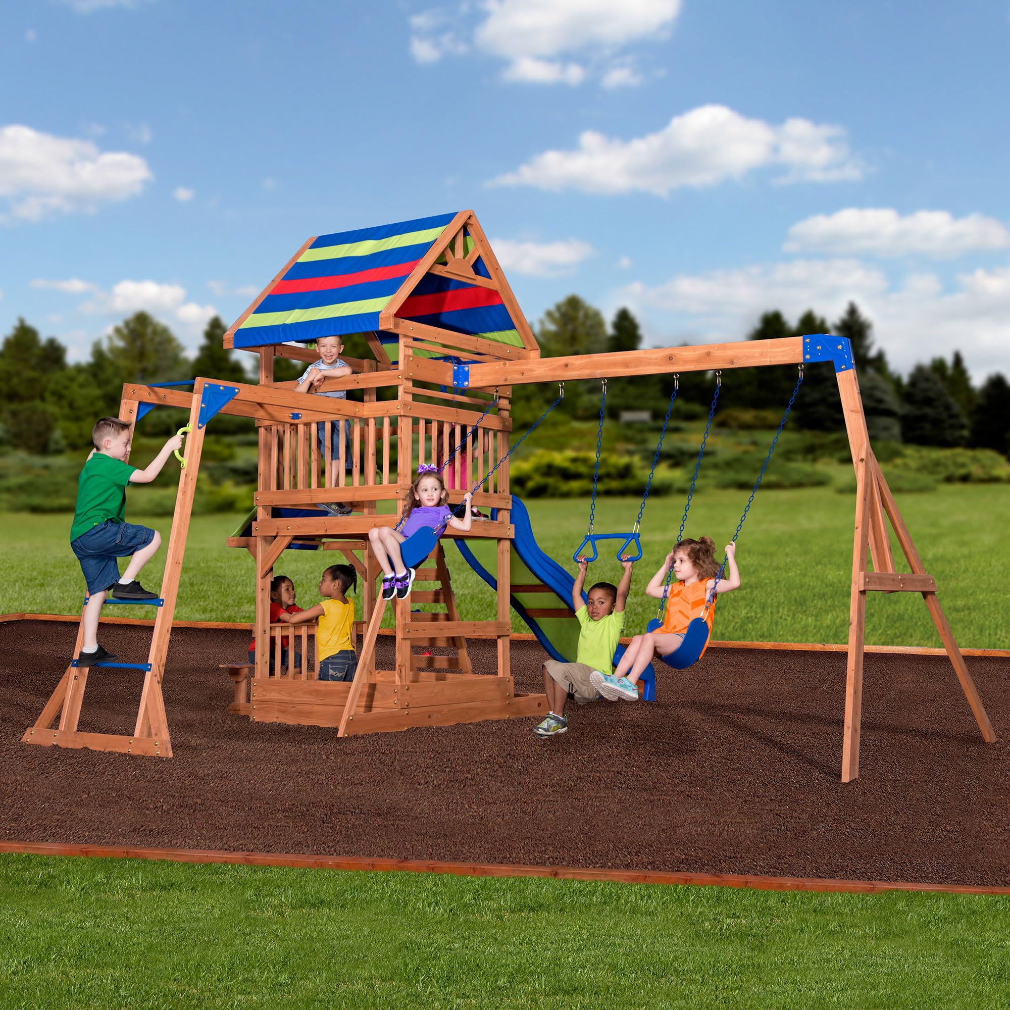 Cedar Wood Swing Set with Wave Slide and Sandbox