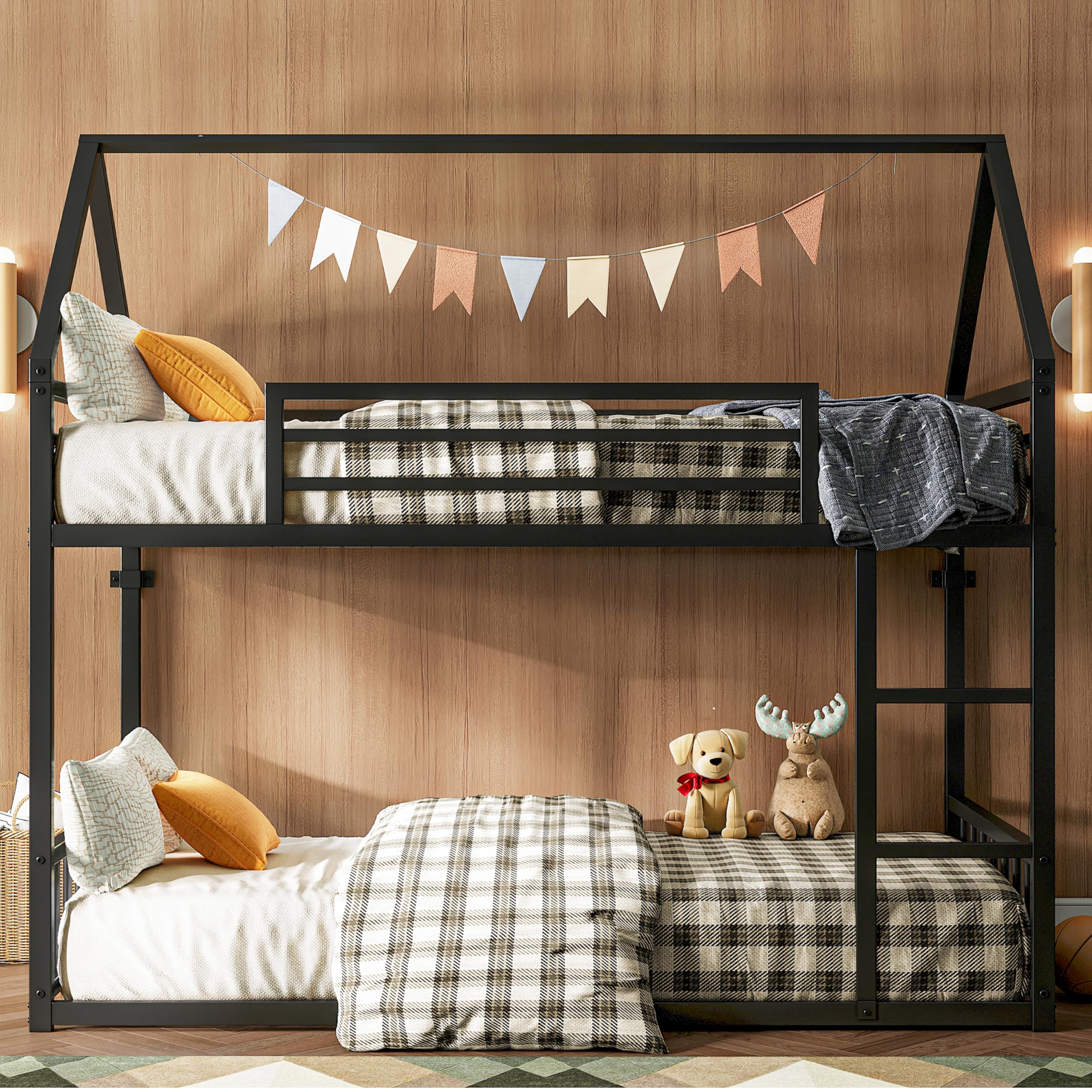 Twin Over Twin House Bunk Bed with Ladder and Guardrail