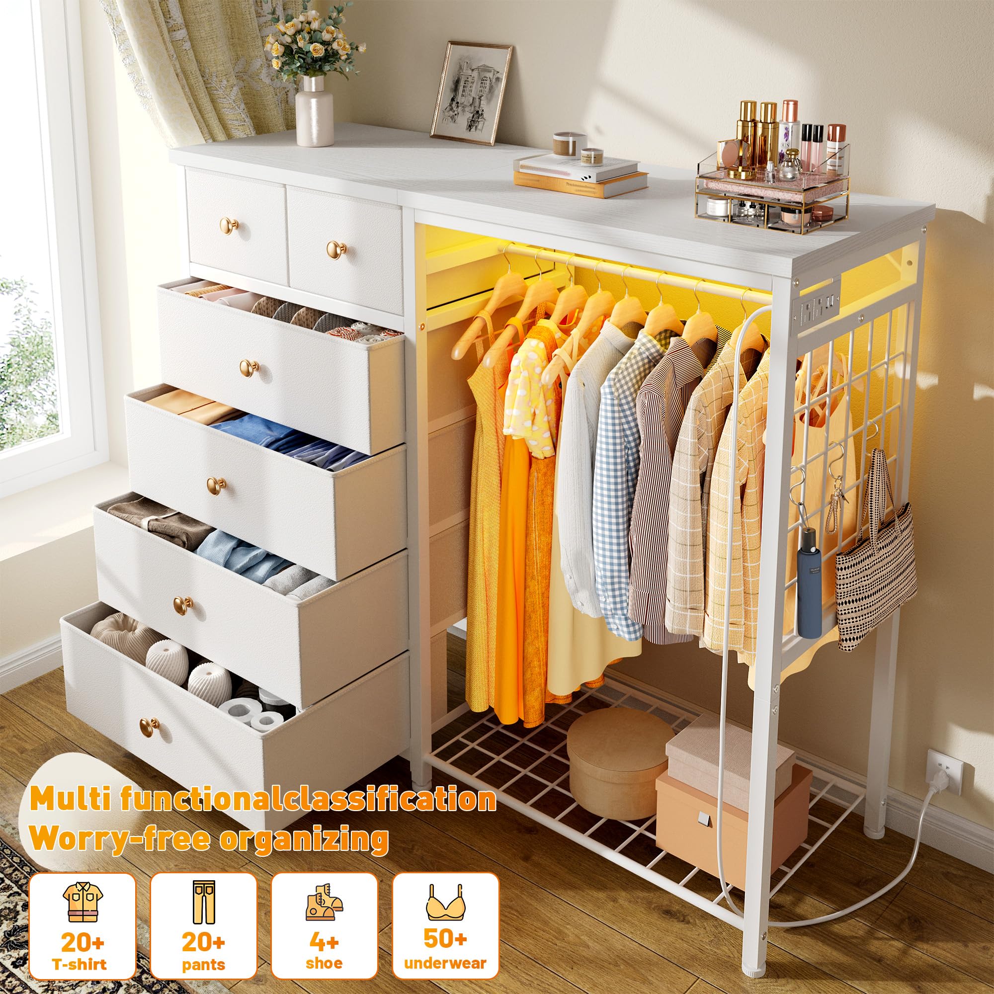 Dresser with Hanging Rack LED Lights Charging Station