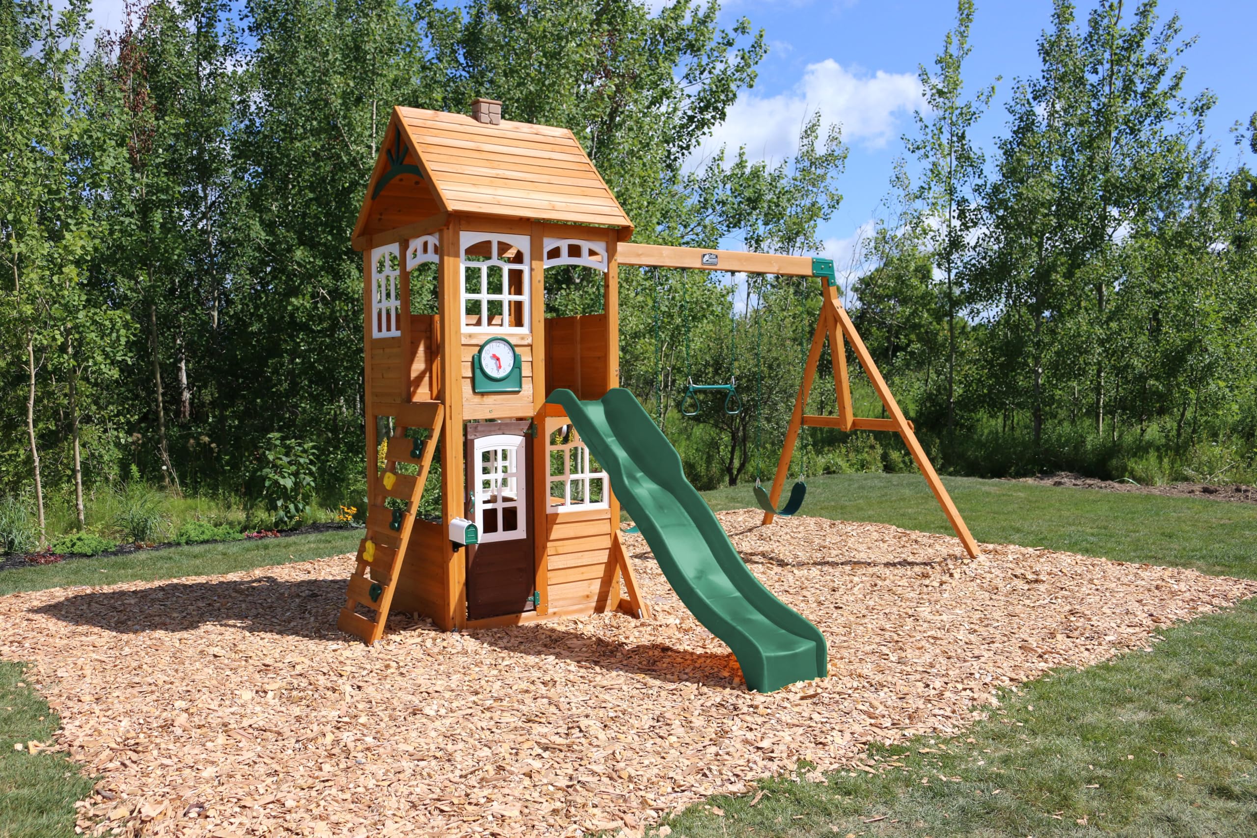 Wooden Outdoor Swing Set with Slide Rock Wall Clubhouse