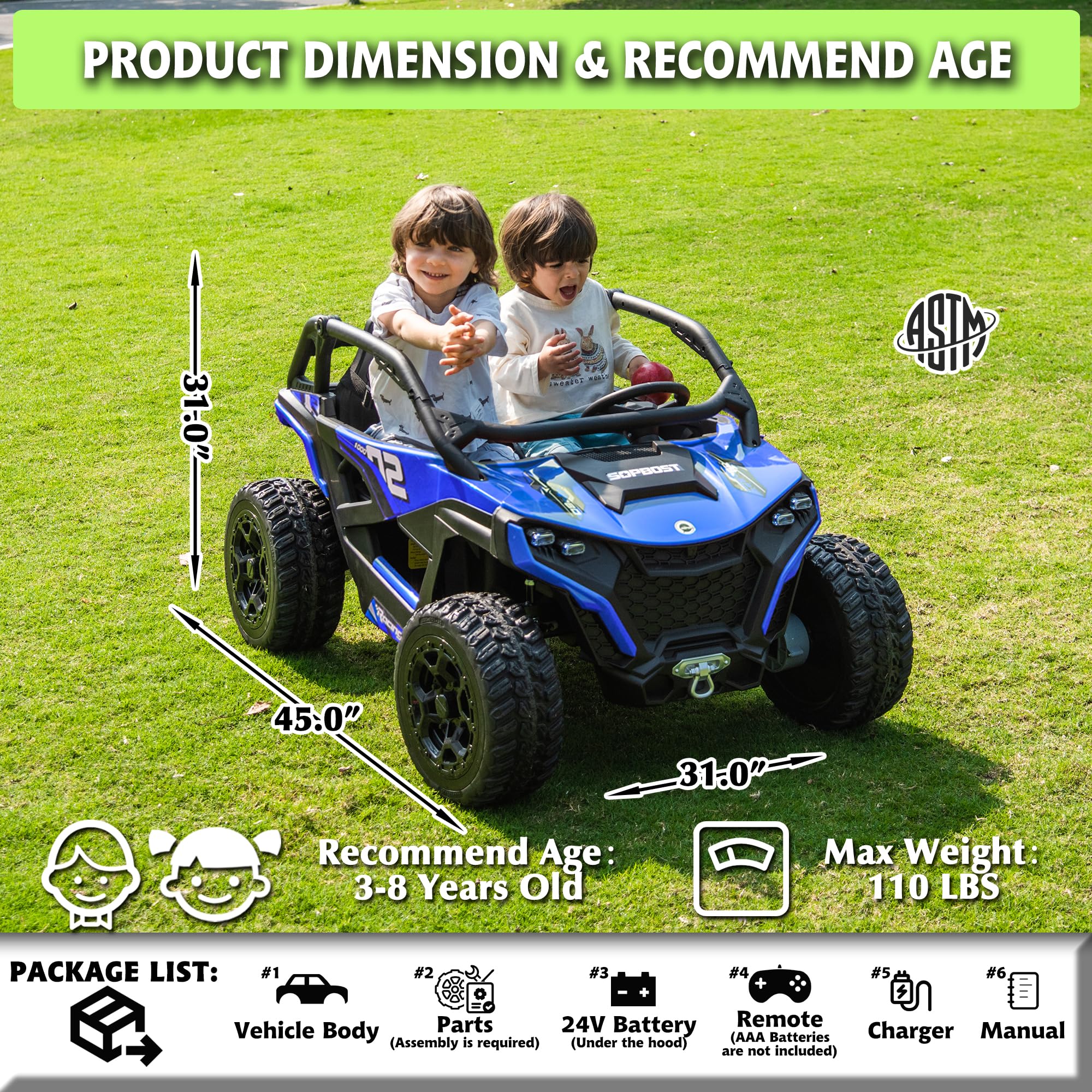 24V Kids Electric UTV Ride-On Car 2 Seater with Remote Control