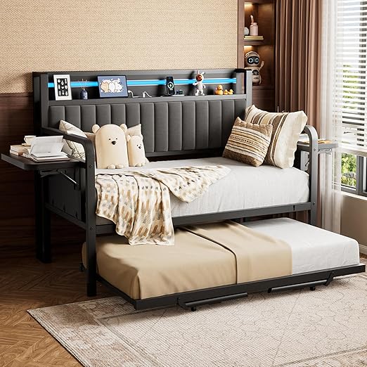 Trundle and LED Light, Heavy Duty Metal Twin Bed Frame