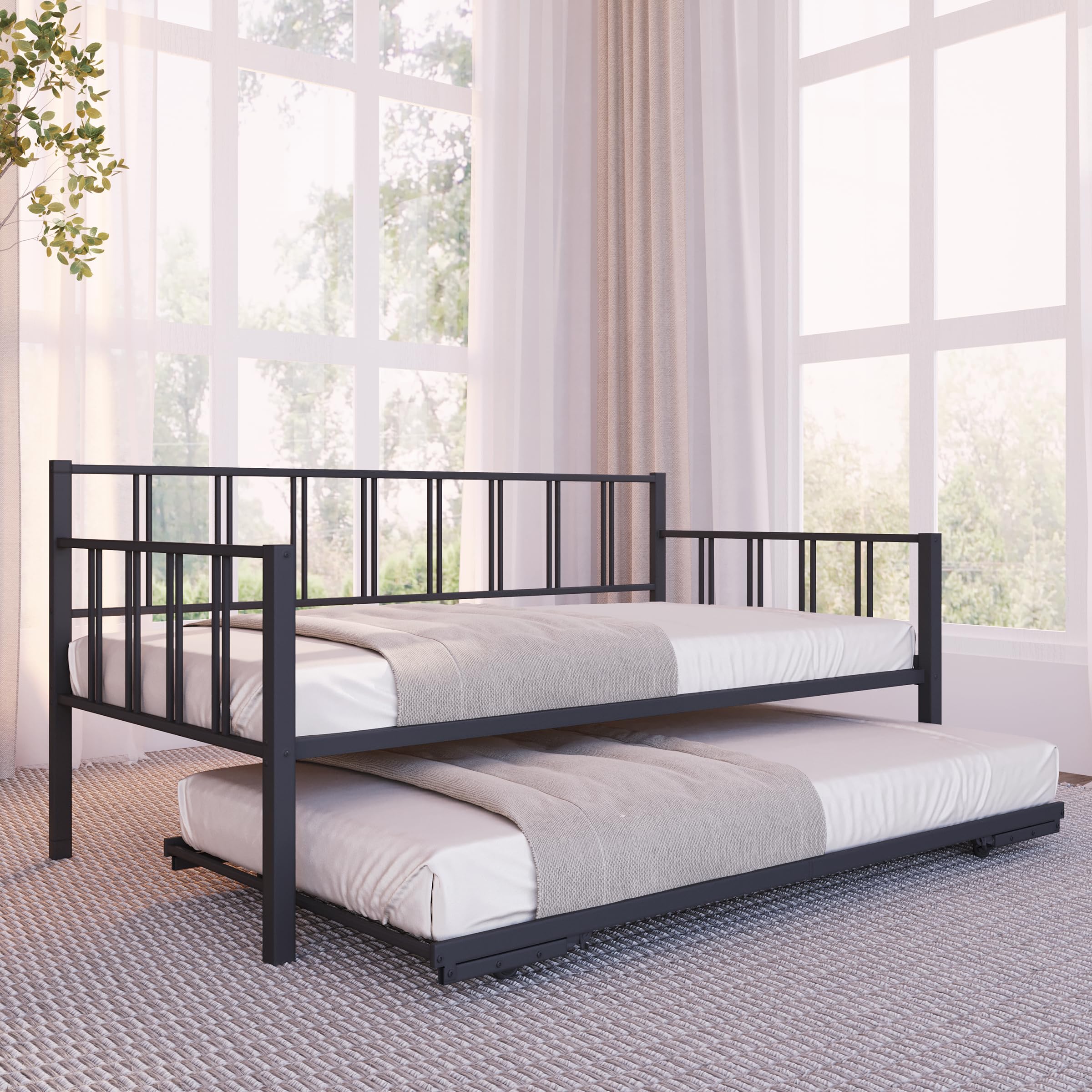 Milliard Twin Daybed with Backrest and Pop-Up Trundle Set, Modern Black Frame – Daybed with Trundle (Mattresses Sold Separately)(Black)
