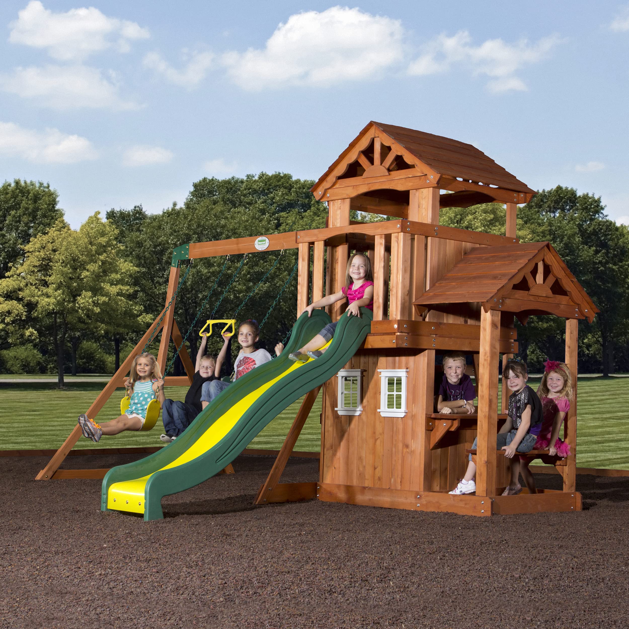 Cedar Wood Swing Set with Clubhouse and Wave Slide