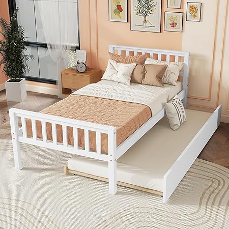 Twin Bed with Trundle, Platform Bed Frame with Headboard