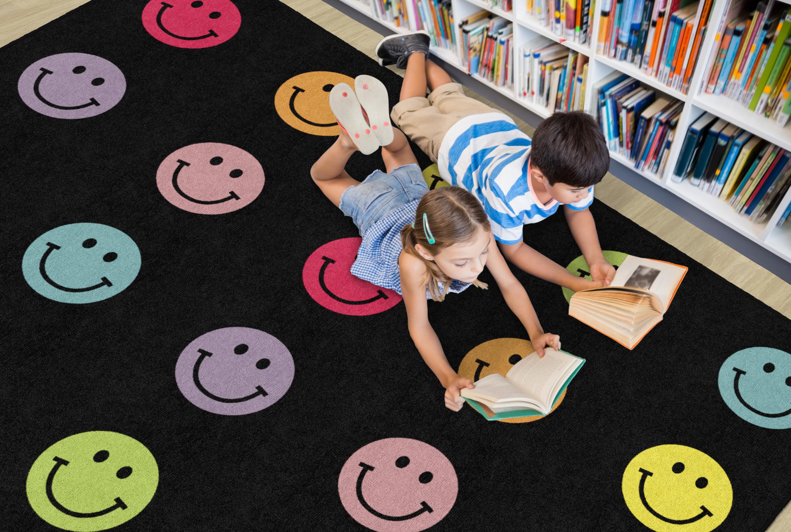 Schoolgirl Style Rainbow Smileys in Black Criss-Cross Applesauce Educational Area Rug