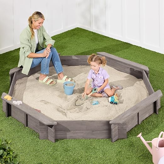 Kid's Large Octagonal Wooden Outdoor Sandbox with Cover w/ 4 Reinforced Benches