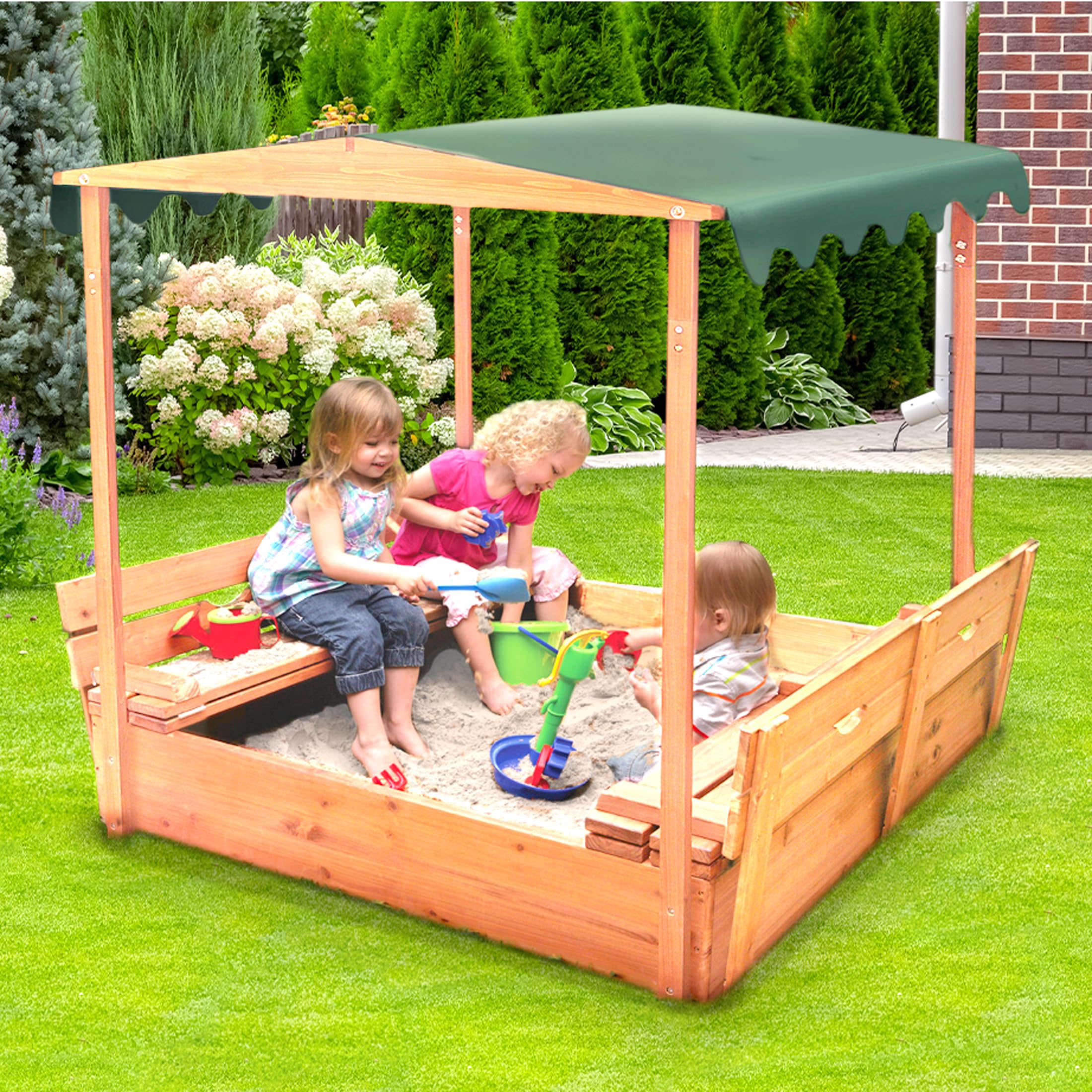 Basket Cedar Sandbox for Kids with UV Canopy & Folding Benches