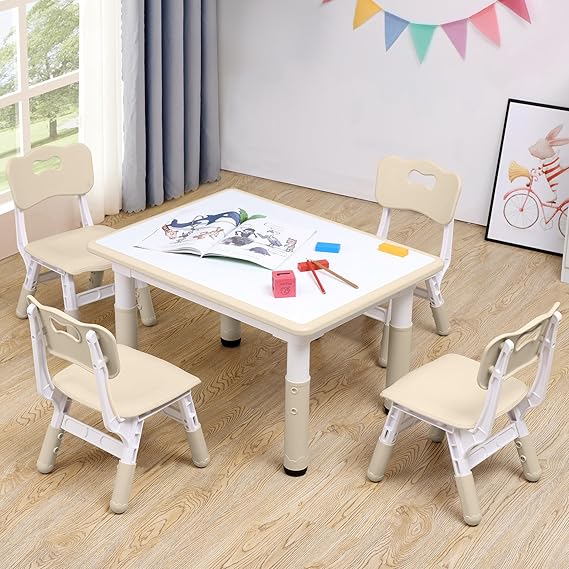 Kids Table & Chairs Set (2 Chairs) Height Adjustable for Ages 2-8 | Non-Slip Toddler