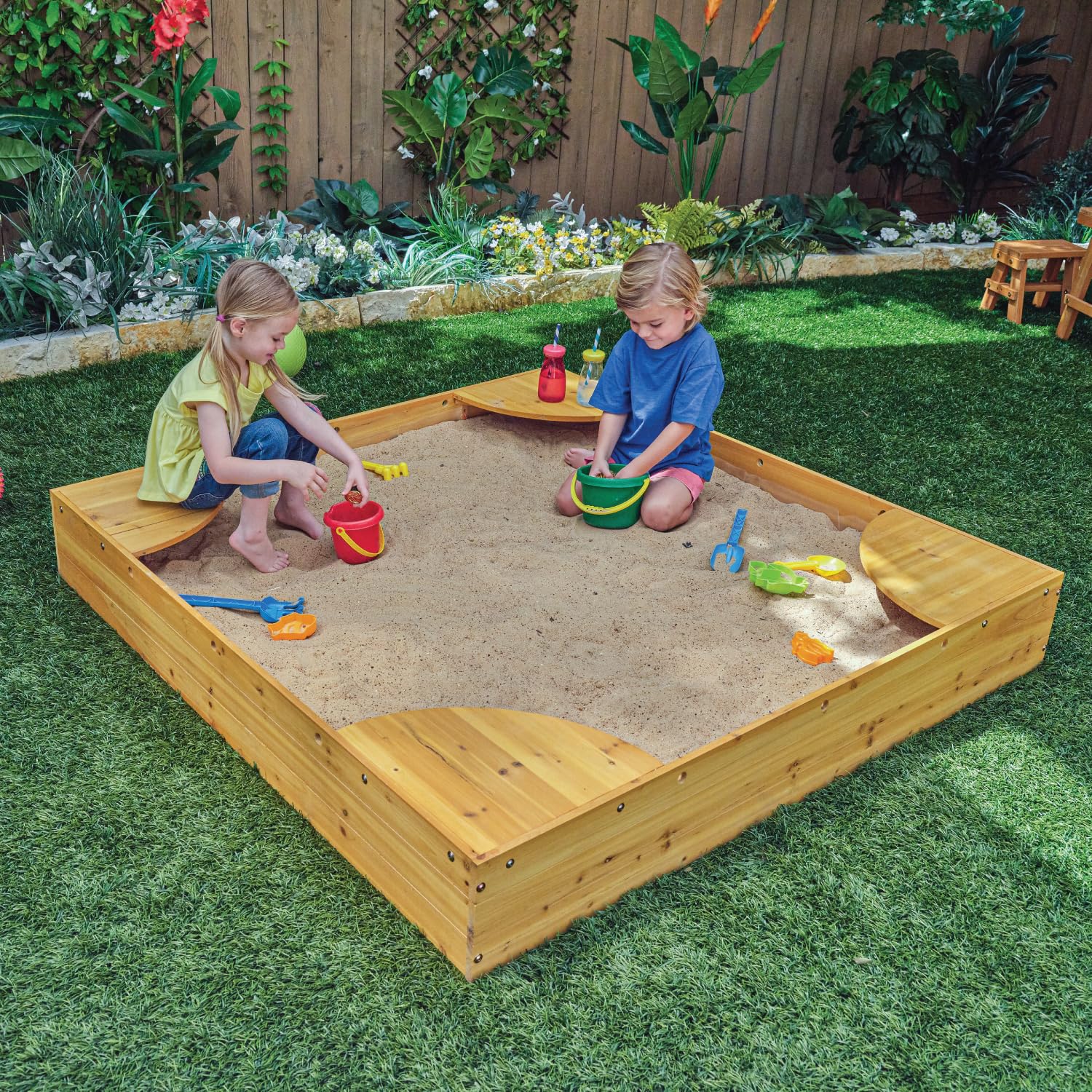 Wooden Backyard Sandbox with Built-in Corner Seating and Mesh Cover