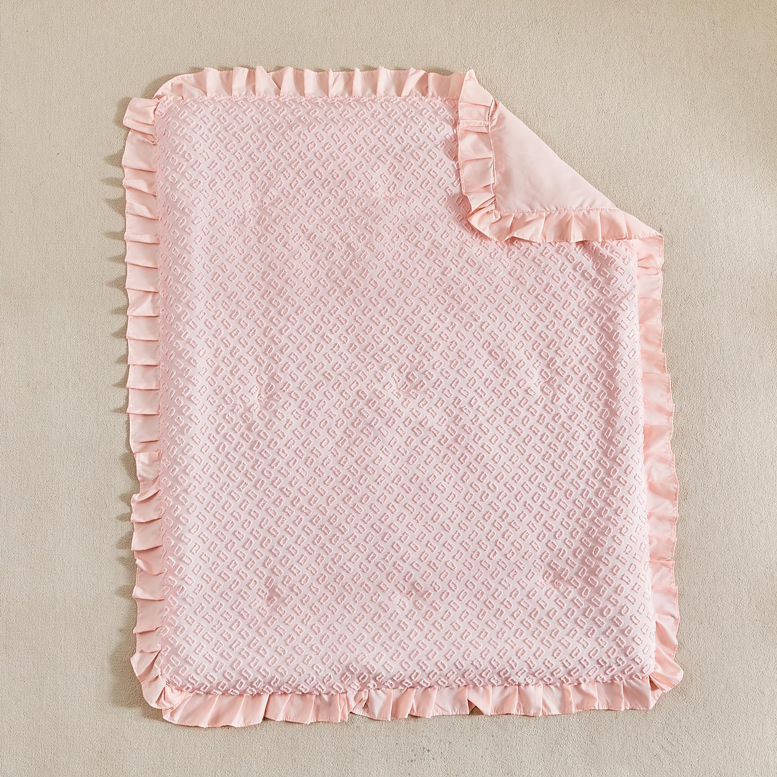 3 Pieces Tufted Crib Bedding Set with Ruffle Fringe, Pink Ruffled Comforter with Fitted Sheet and Bed Skirt, Soft and Embroidery Shabby Chic Boho Bohemian Jacquard Design for Baby Girls Boys