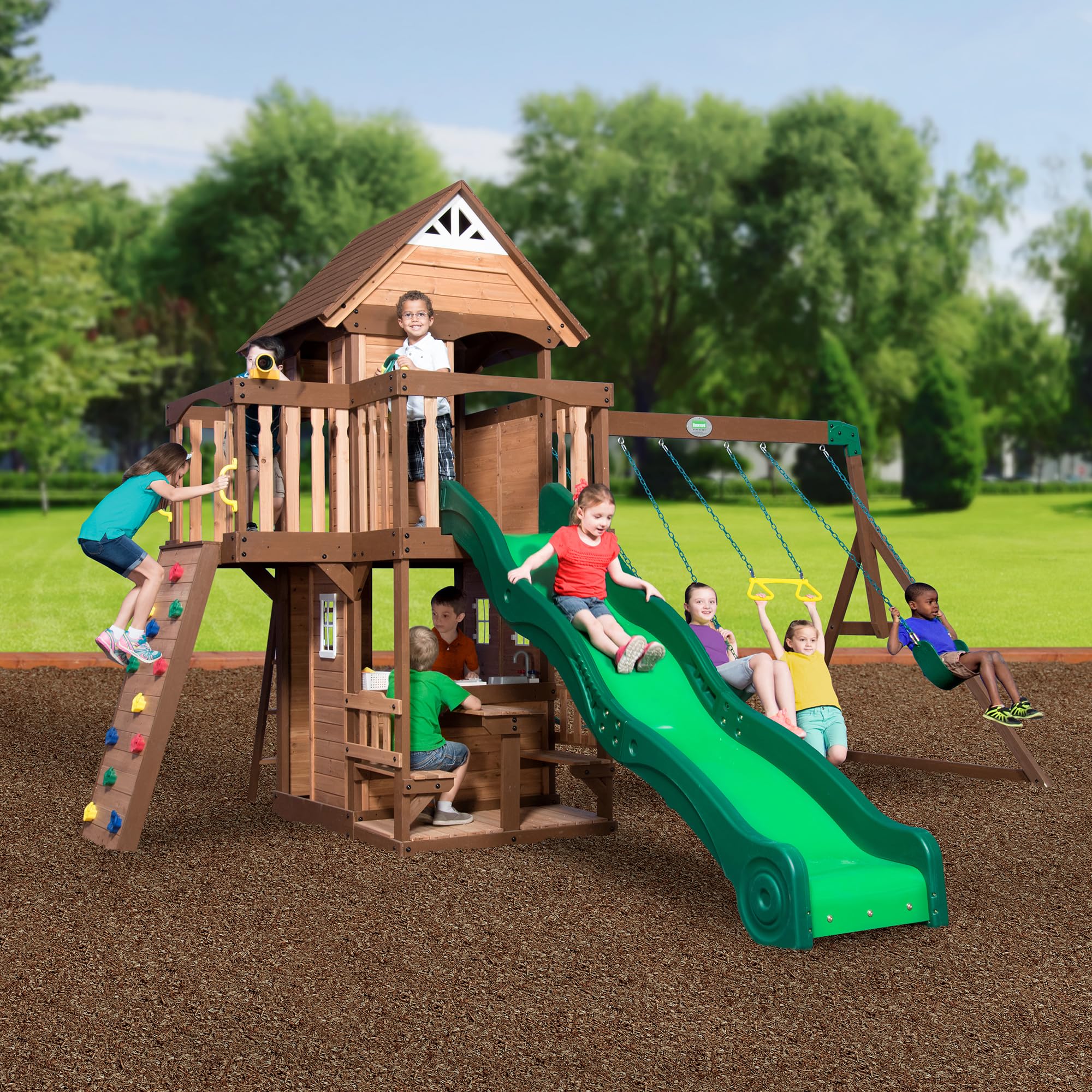 Cedar Wood Swing Set with Clubhouse and Wave Slide
