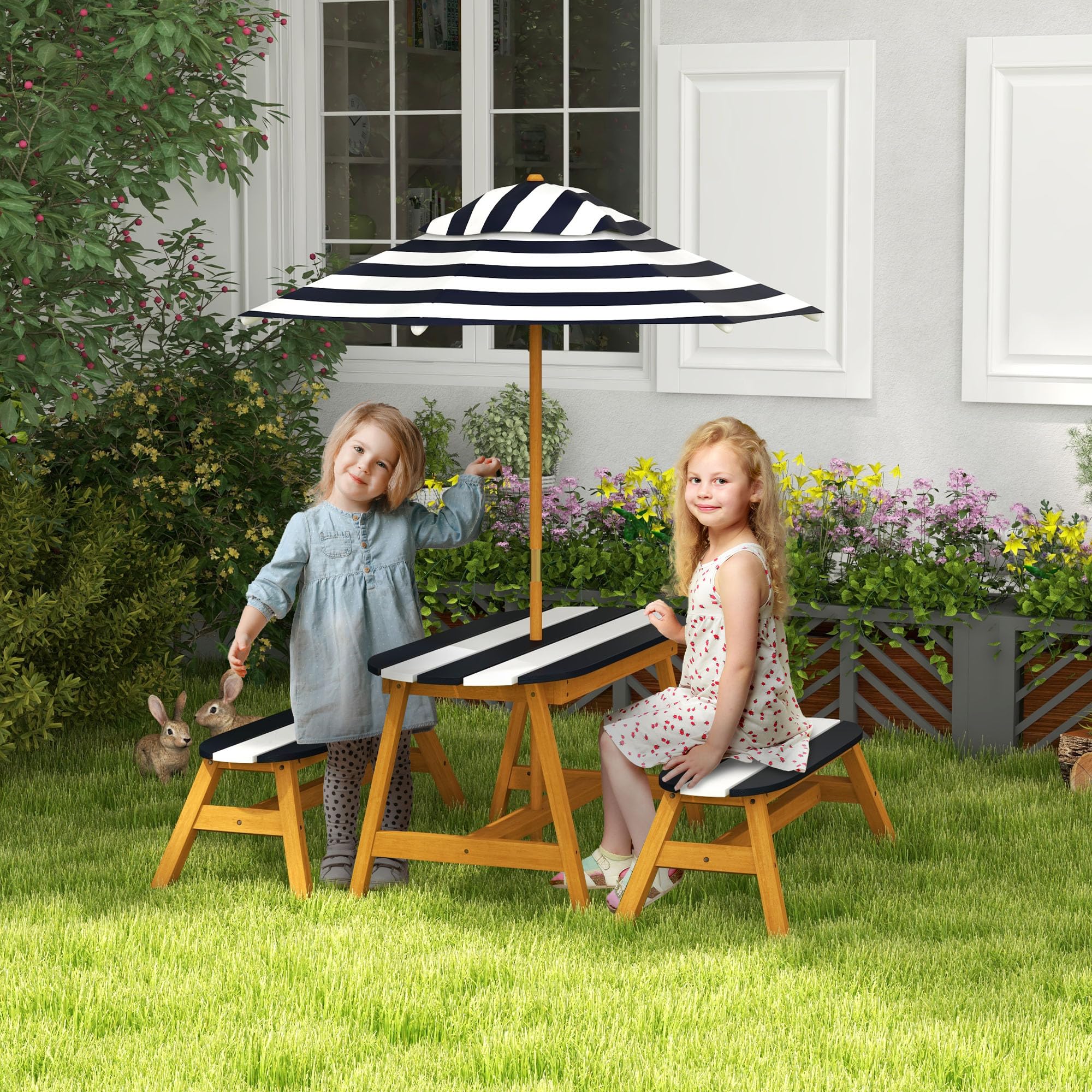 Kids Picnic Table Set, Wooden Kids Table and Benches Set with Removable Umbrella