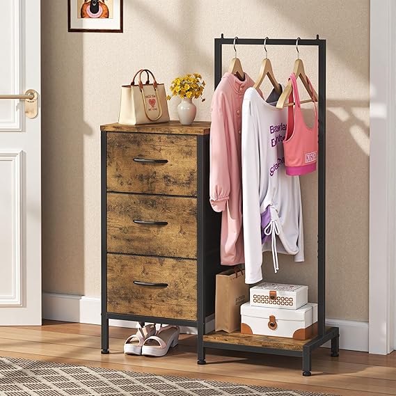 Bedroom with Hanging Rack, 3 Drawers Dresser for Bedroom - White