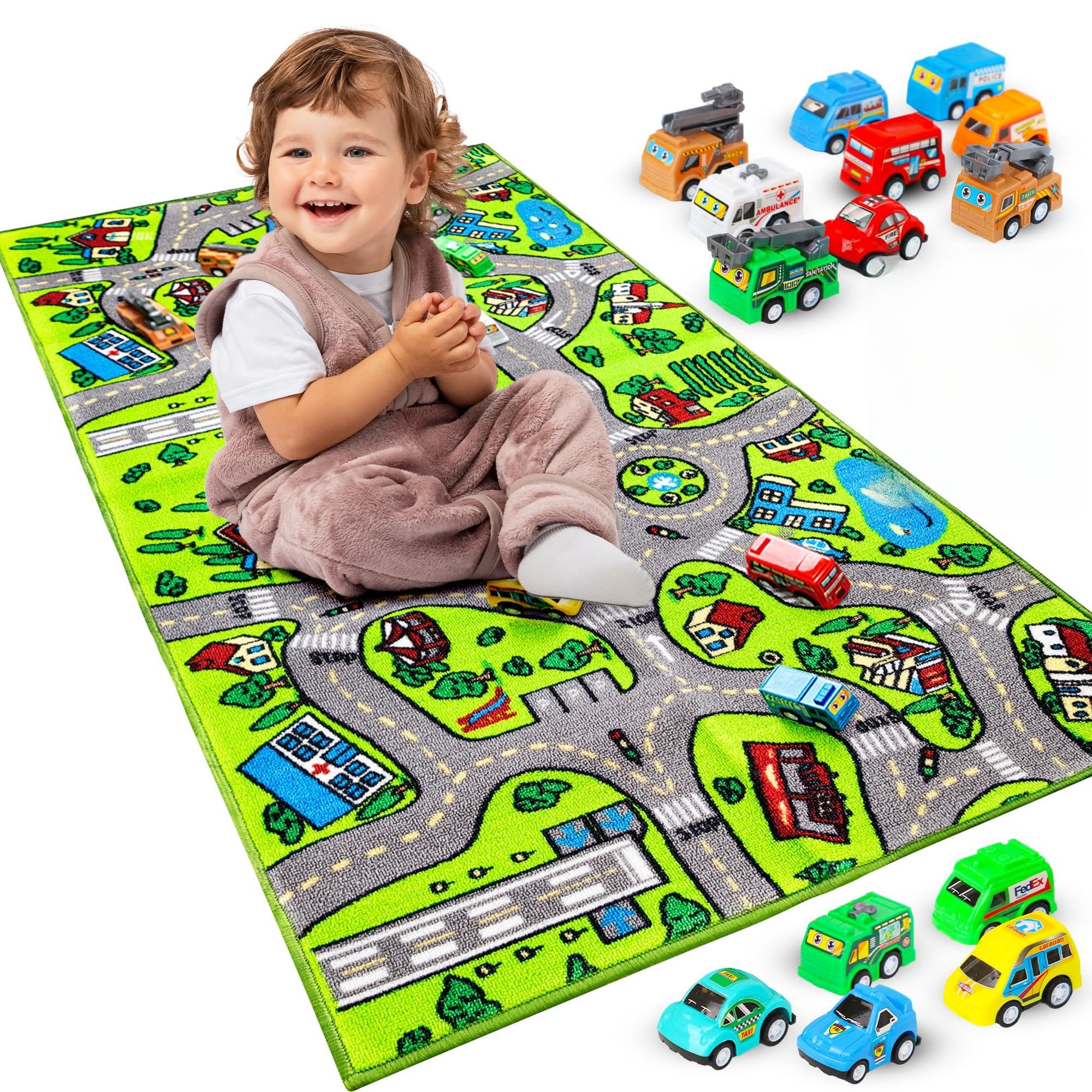 Kids Rug Carpet Playmat, w/14 Pull Back Cars Included - City Life Learn, Have Fun Safe