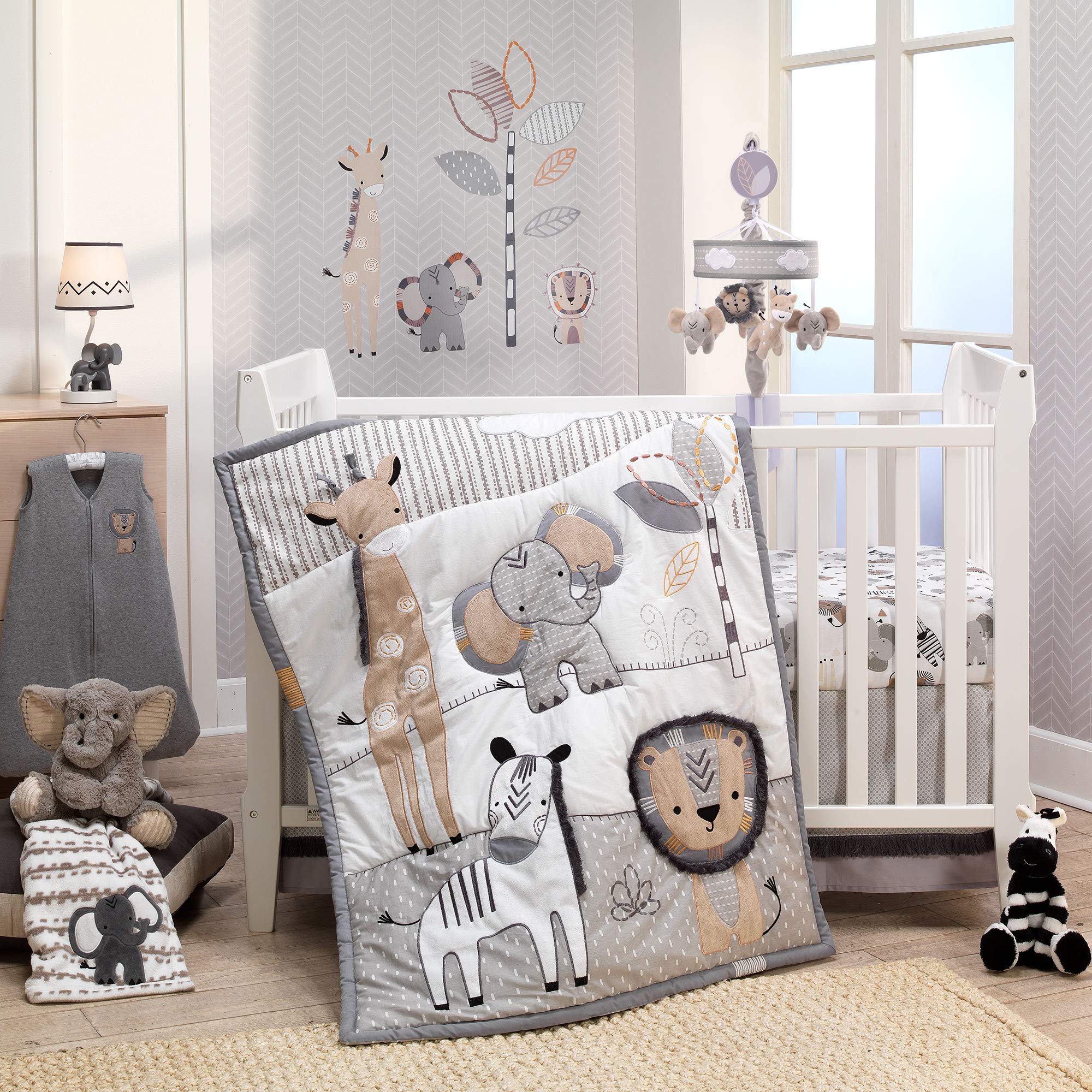 Safari Gray/Tan/White Nursery 6-Piece Baby Crib Bedding Set