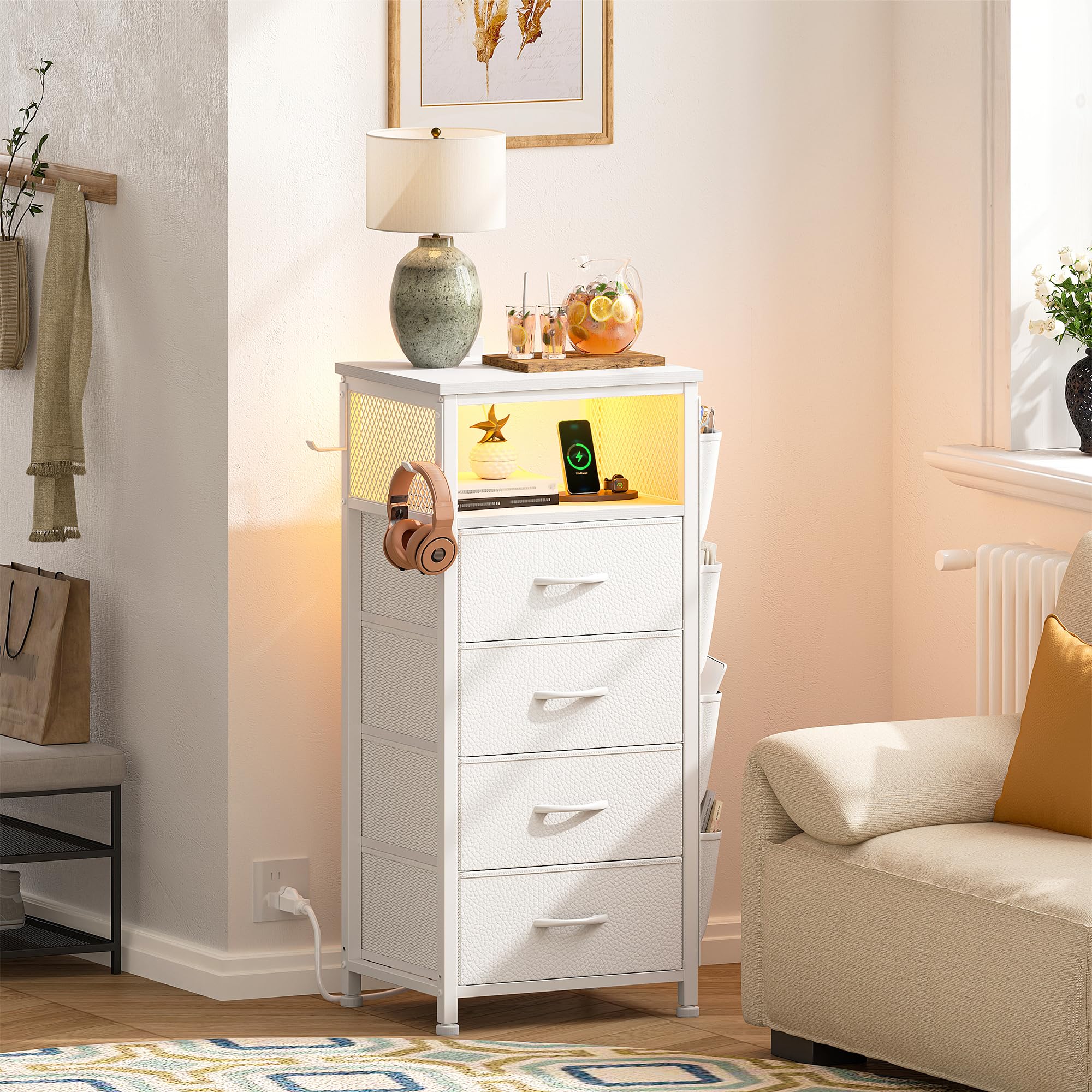 LED Nightstand Set of 2 with Charging Station and Fabric Drawers
