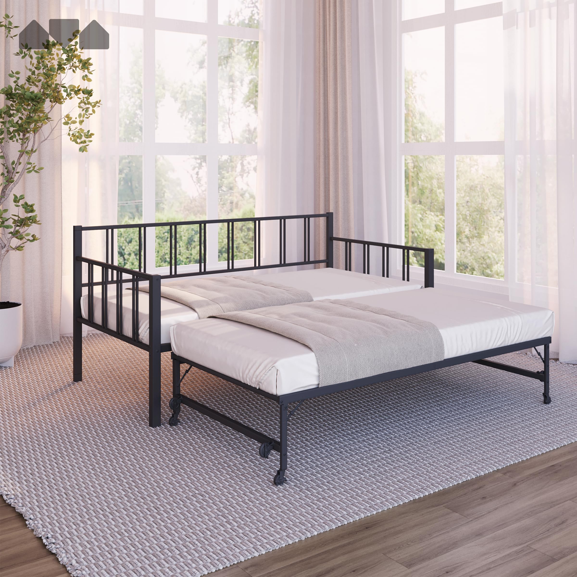 Milliard Twin Daybed with Backrest and Pop-Up Trundle Set, Modern Black Frame – Daybed with Trundle (Mattresses Sold Separately)(Black)