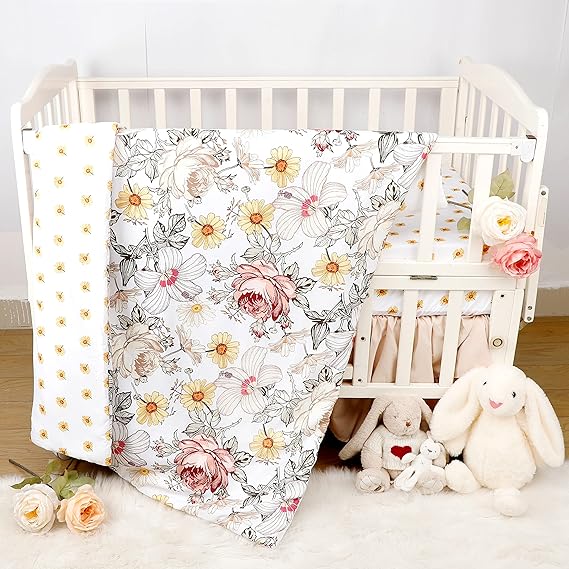 4-Piece Crib Bedding Set for Girls, Pink Baby Girl Bedding Set with Crib Skirt