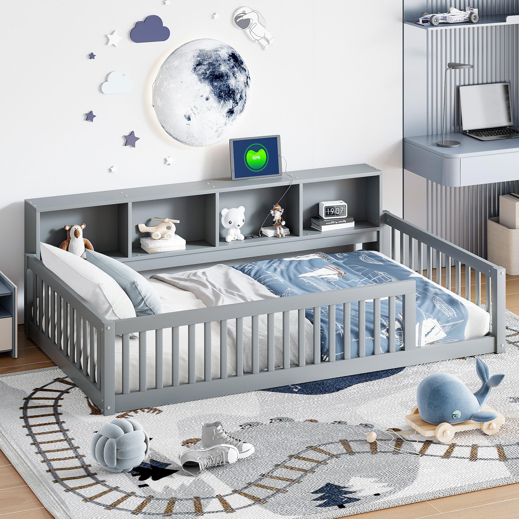 Twin Floor Bed with Storage and Safety Rails for Kids