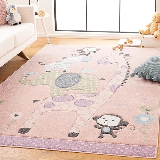 Carousel Kids Collection Area Rug - 5'3" x 7'6", Ivory, Animal Design, Non-Shedding