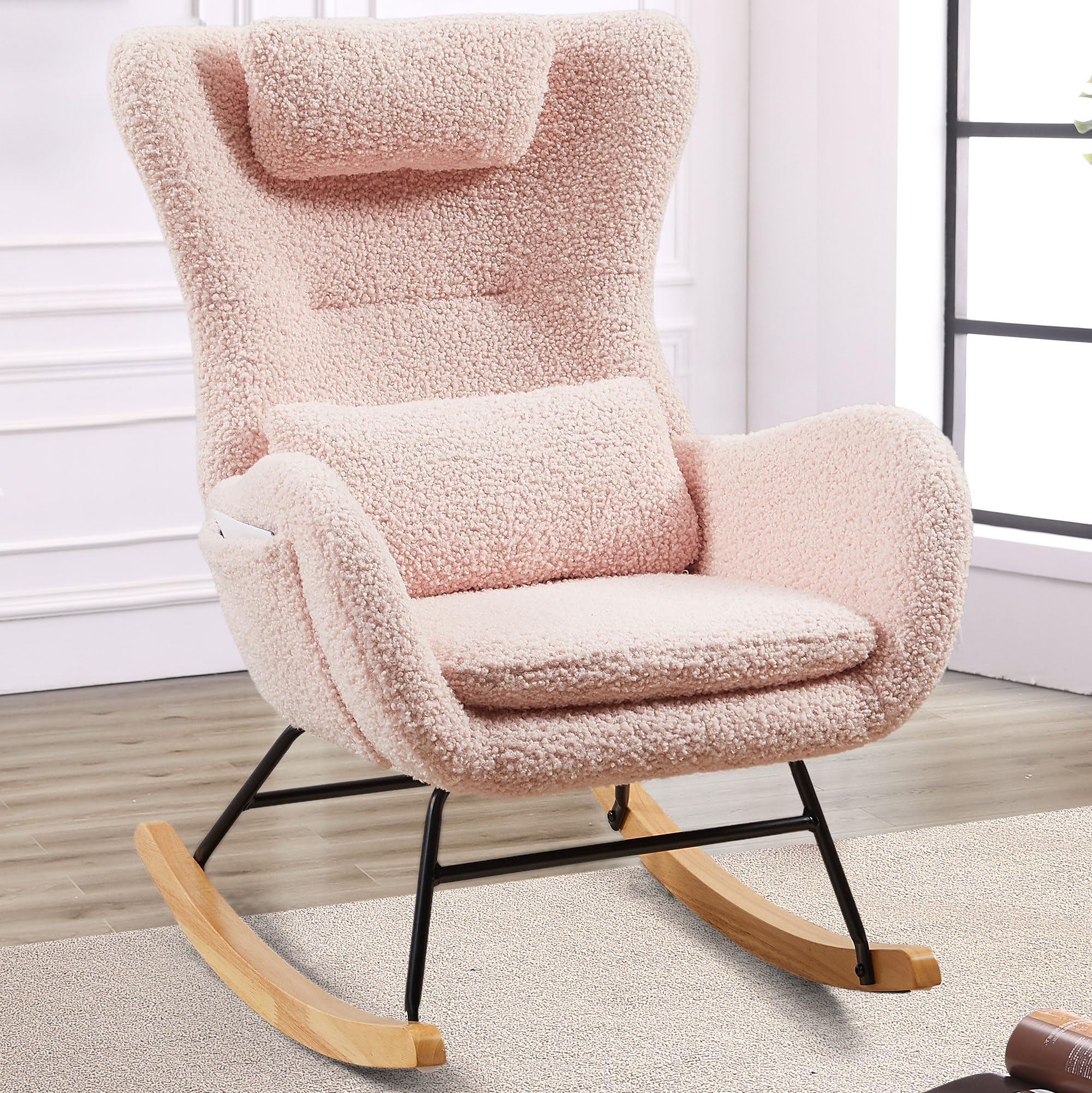 Nursery Rocking Chair with Adjustable Headrest and Lumbar Support