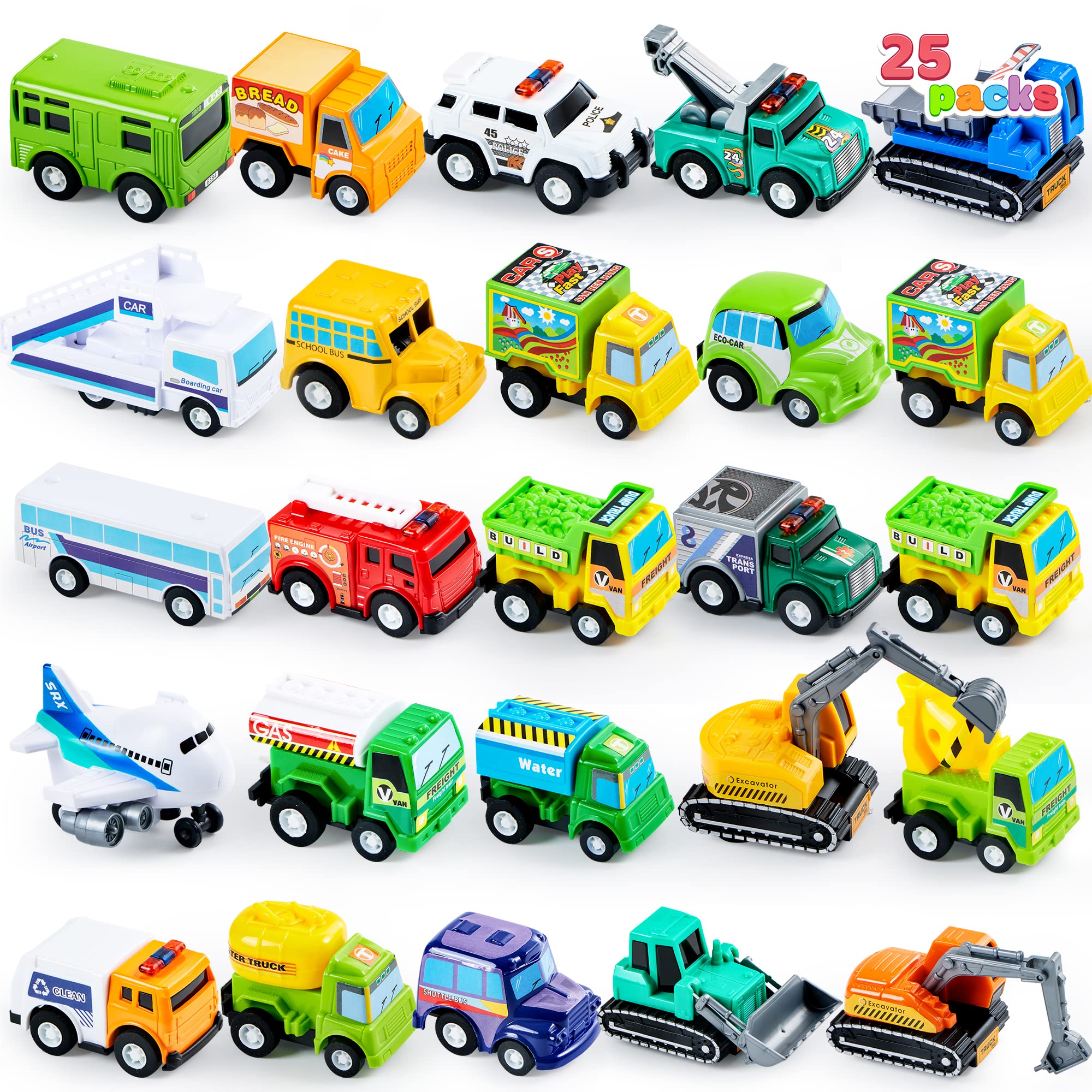 25 Pieces Pull Back Cars and Trucks Toy Vehicles Set for Toddlers, Girls and Boys Kids Play