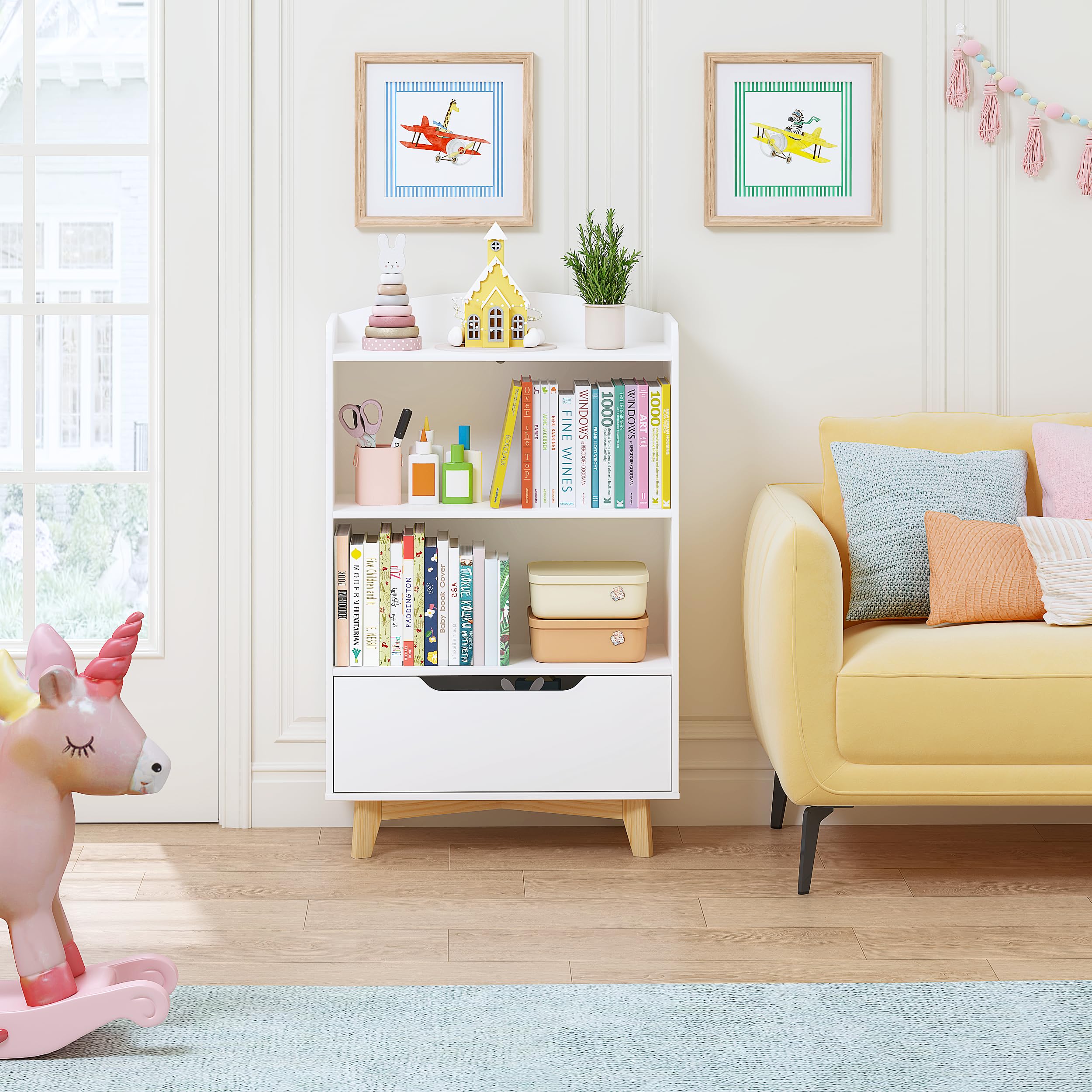Kids Bookshelf with Storage Drawer White Wood