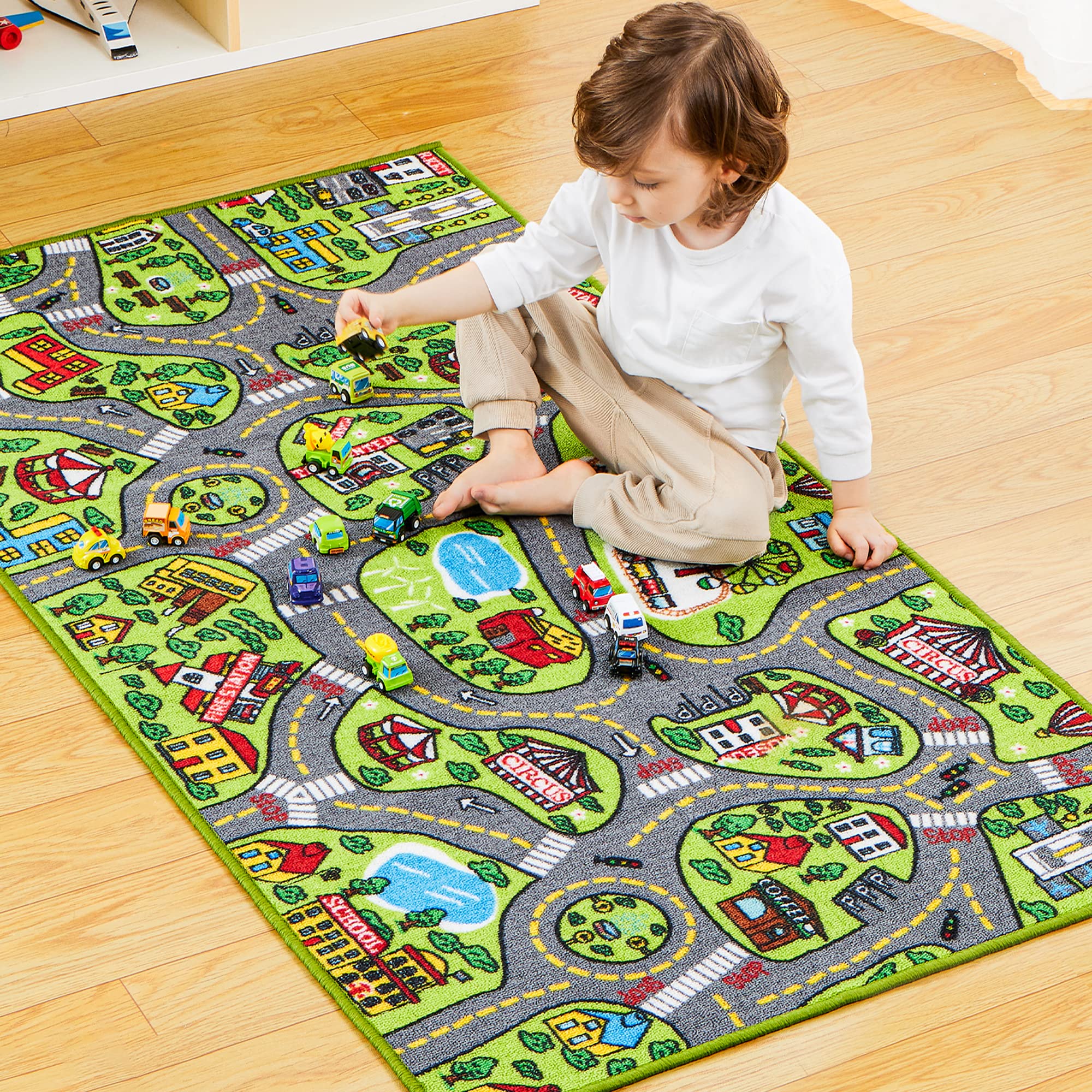 Kids Play Rugs - 12 Pull-Back Vehicle Set - Durable Carpet Playmat Rug - City Pretend