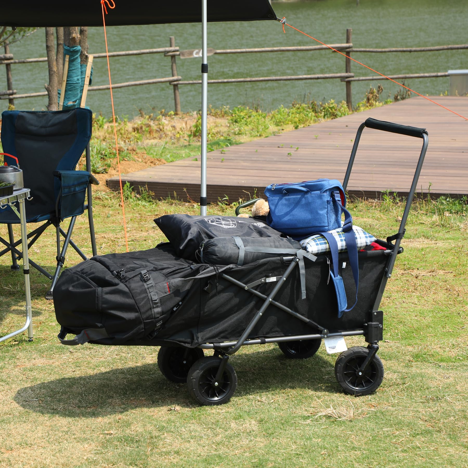 Folding Dog Wagon Cart with Extendable Rear End Heavy Duty, 220L Large Collapsible Utility Cart Dog Stroller with Tailgate for Sports Shopping Pet, Black