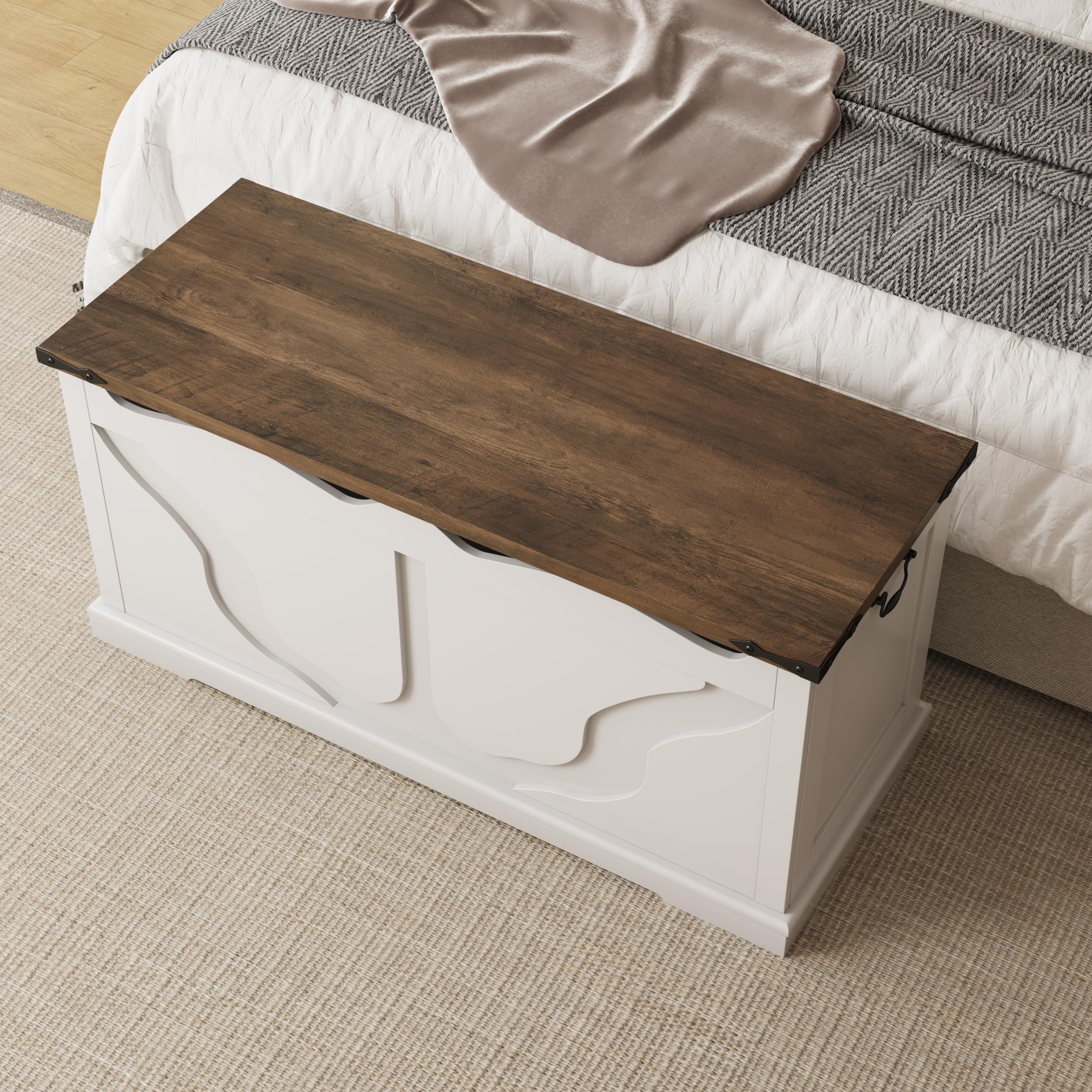 Storage Bench with Safety Hinges White Farmhouse Entryway Organizer