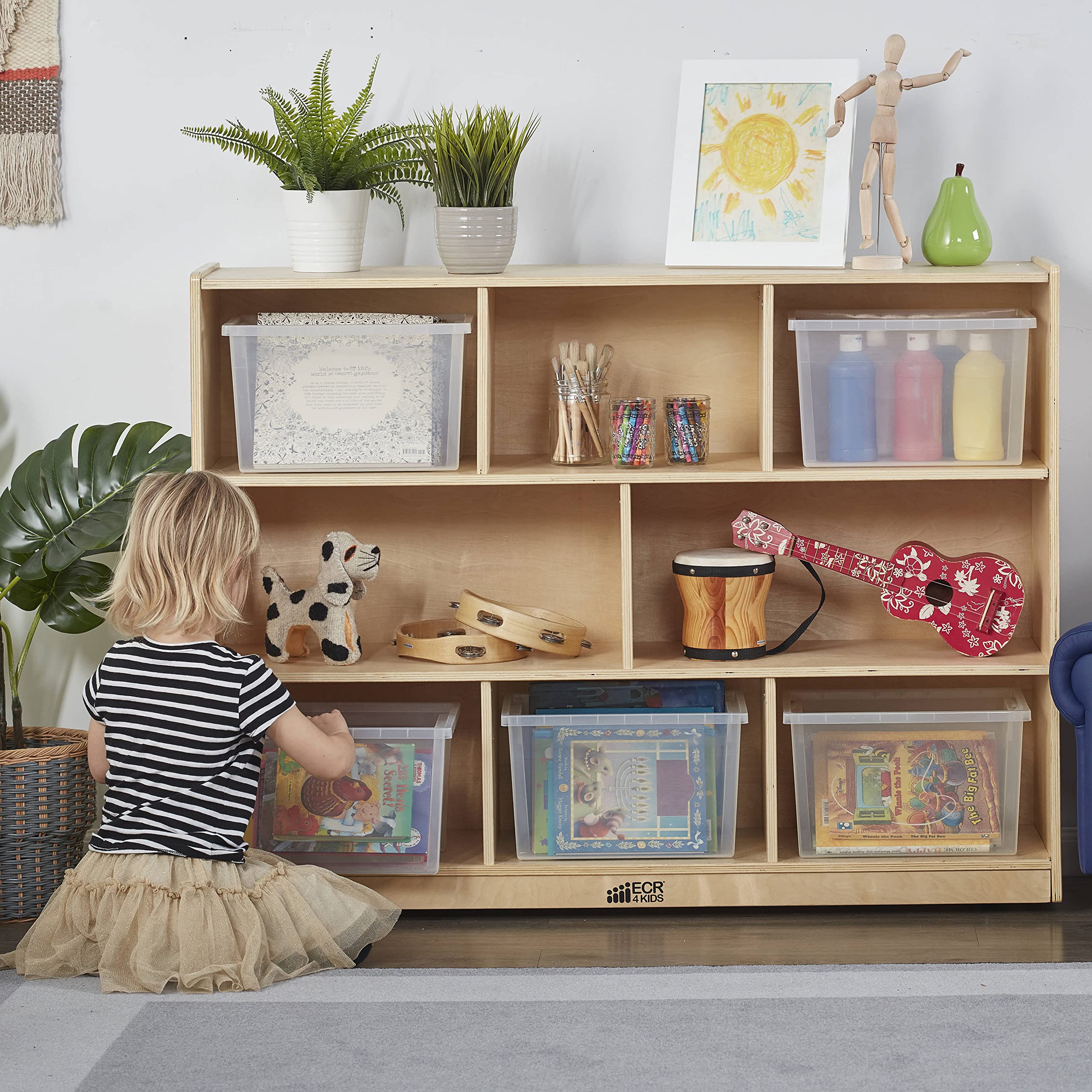8-Compartment Mobile Storage Cabinet, 36in, Classroom Furniture, Natural