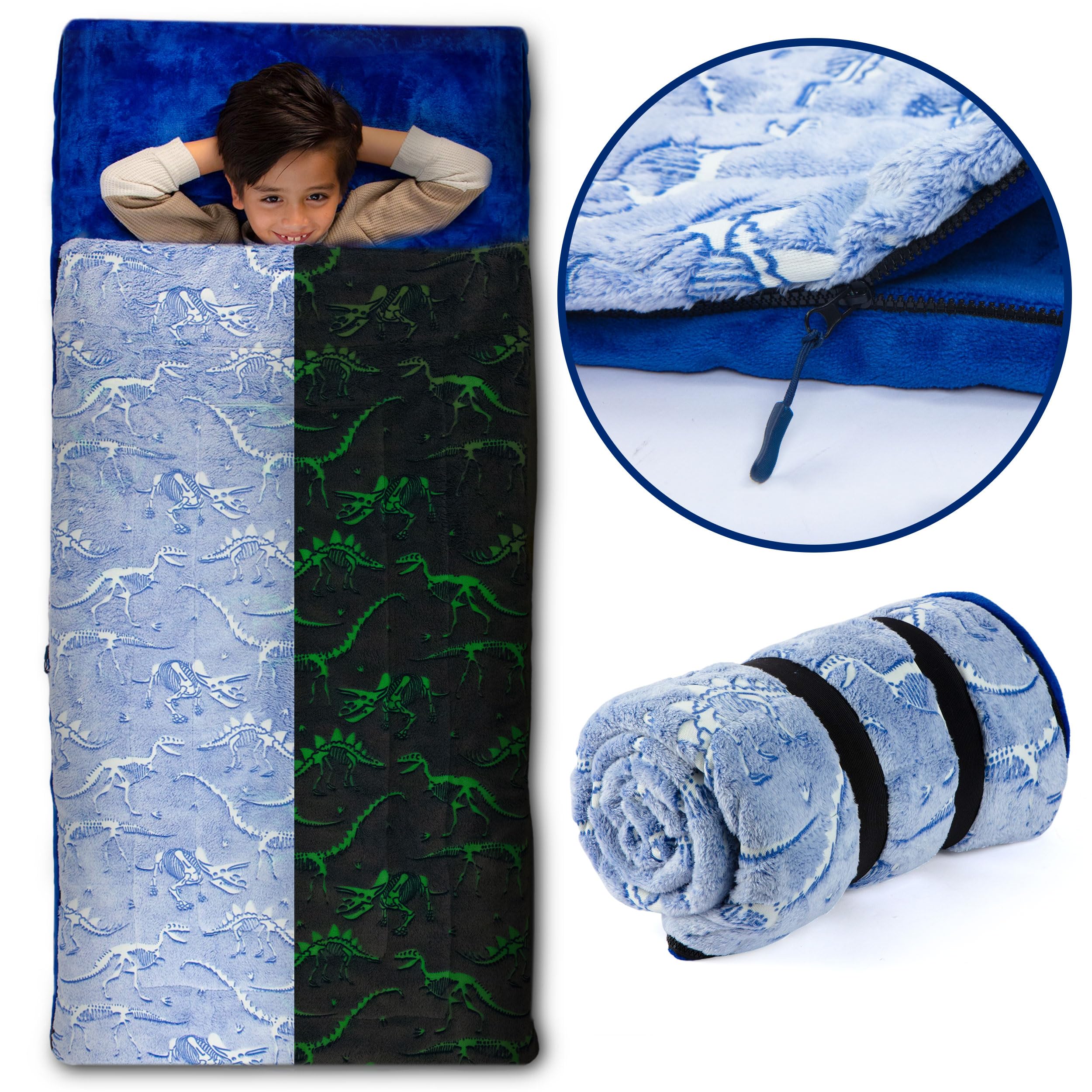 Kids Sleeping Bag with Pillow Pocket - Dinosaur Glow In